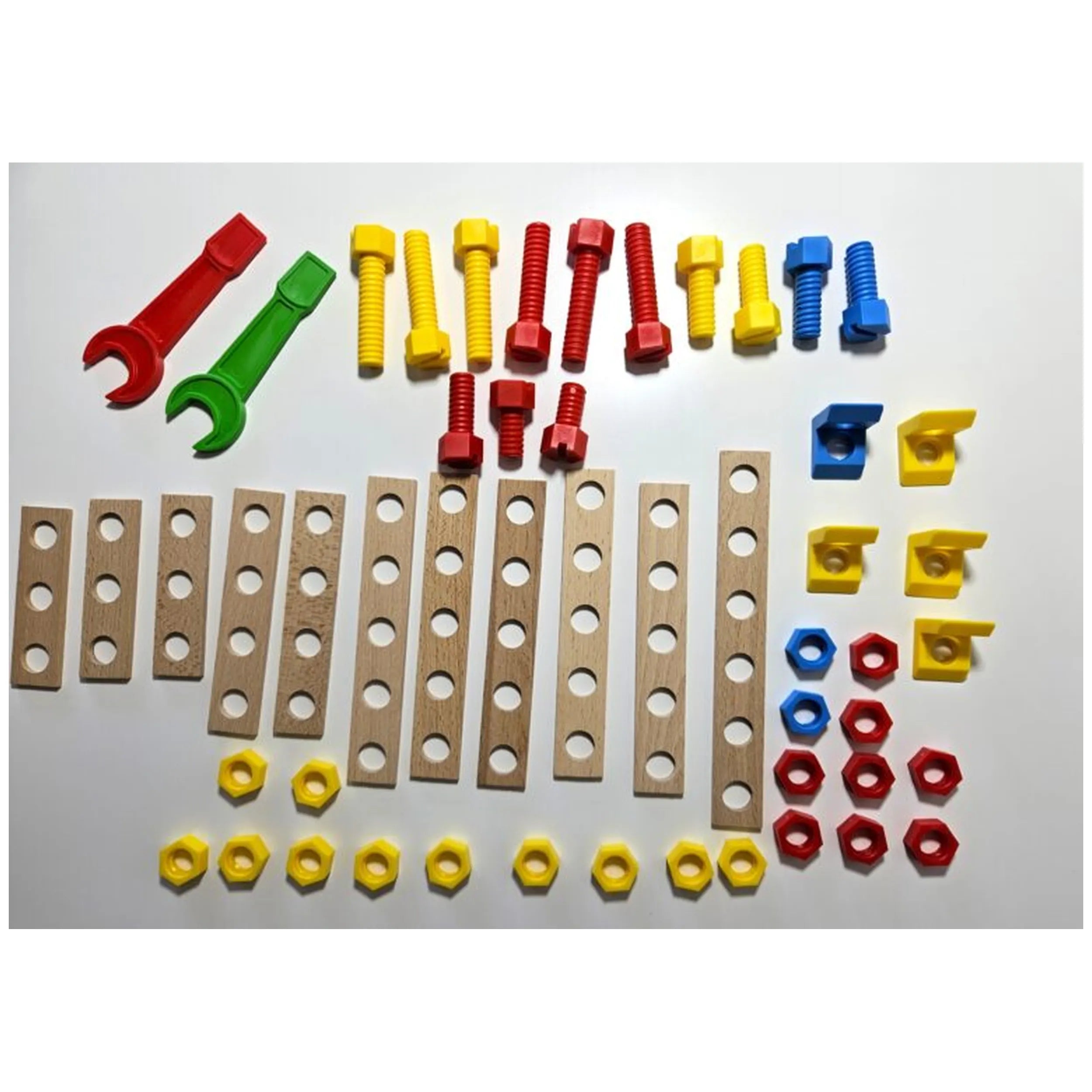 Wooden strips with holes, colorful plastic screws, nuts, and wrenches from the Alexander Constructor Junior Airplane Set.