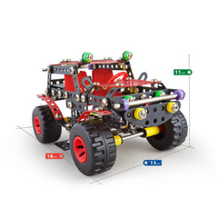Black and red off-road vehicle toy constructed with metal plates and colorful plastic parts, measuring 18x13x11 cm.