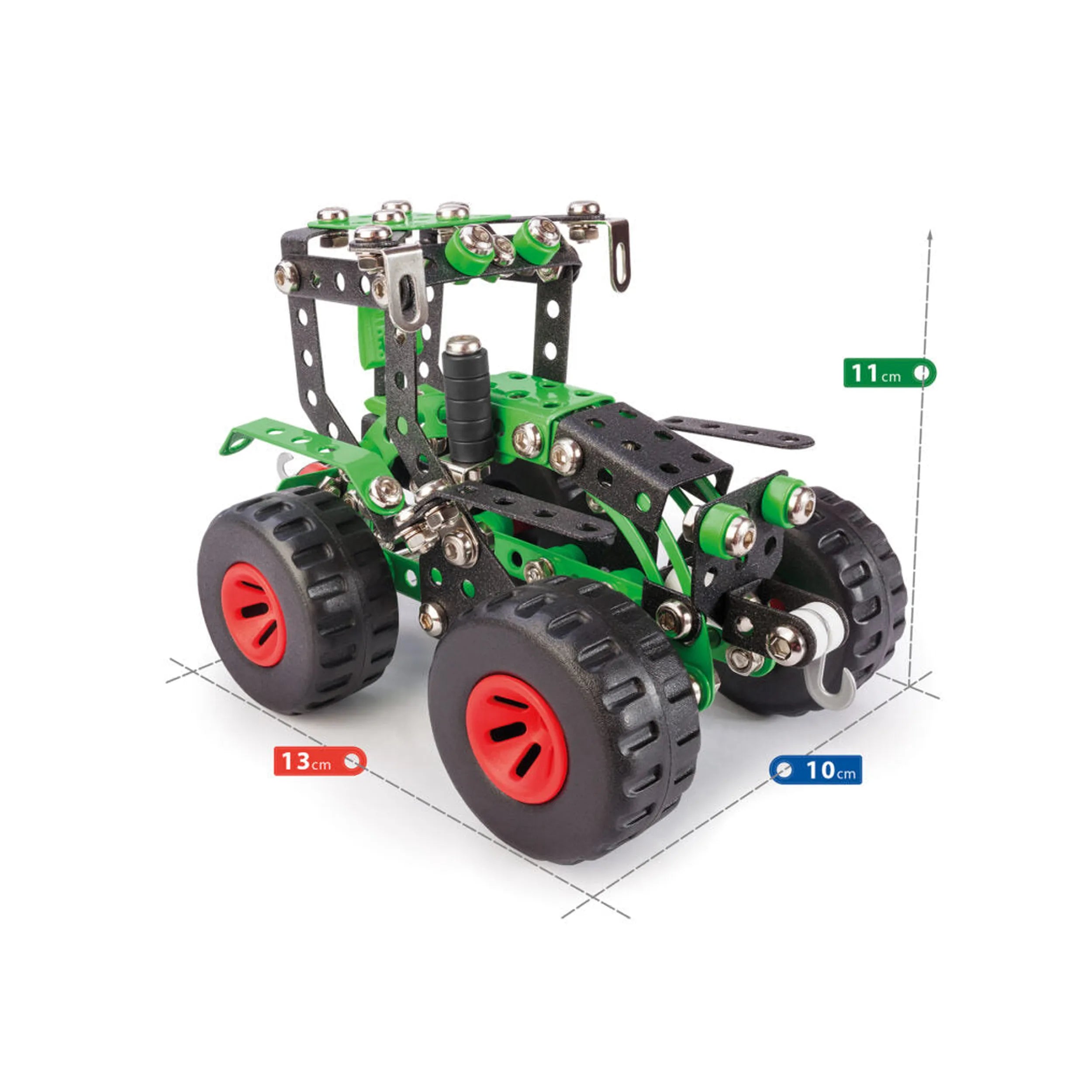 Green and black tractor model with red wheels, detailed metal frame, and dimensions labeled 13cm length, 11cm height, 10cm width.