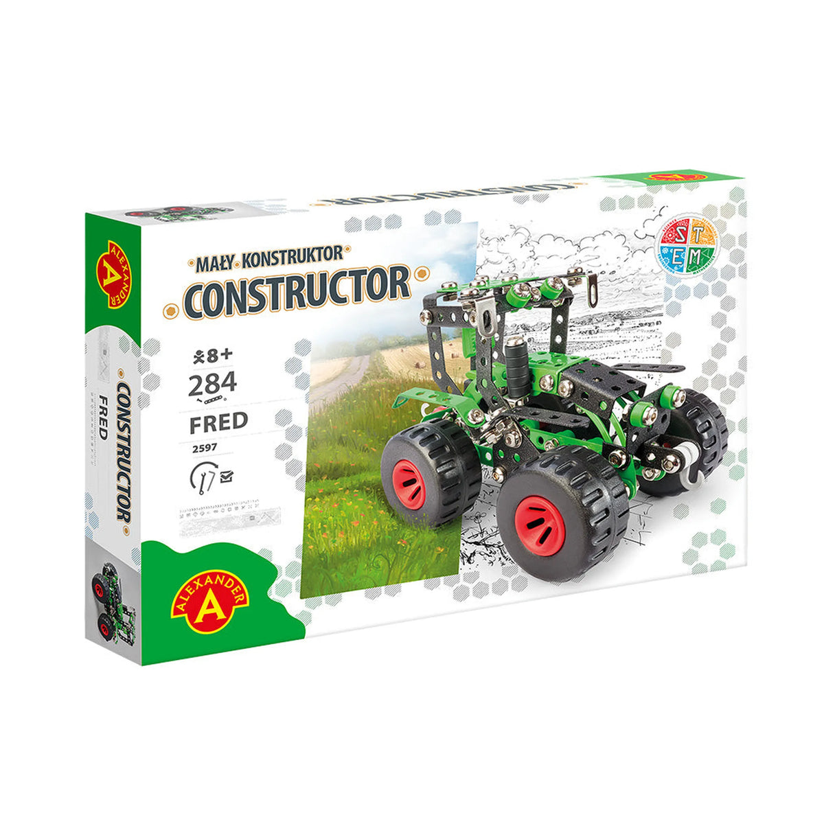 Alexander Tractor Construction Set box with 284 pieces, showcasing a green and black model tractor on a grassy field.