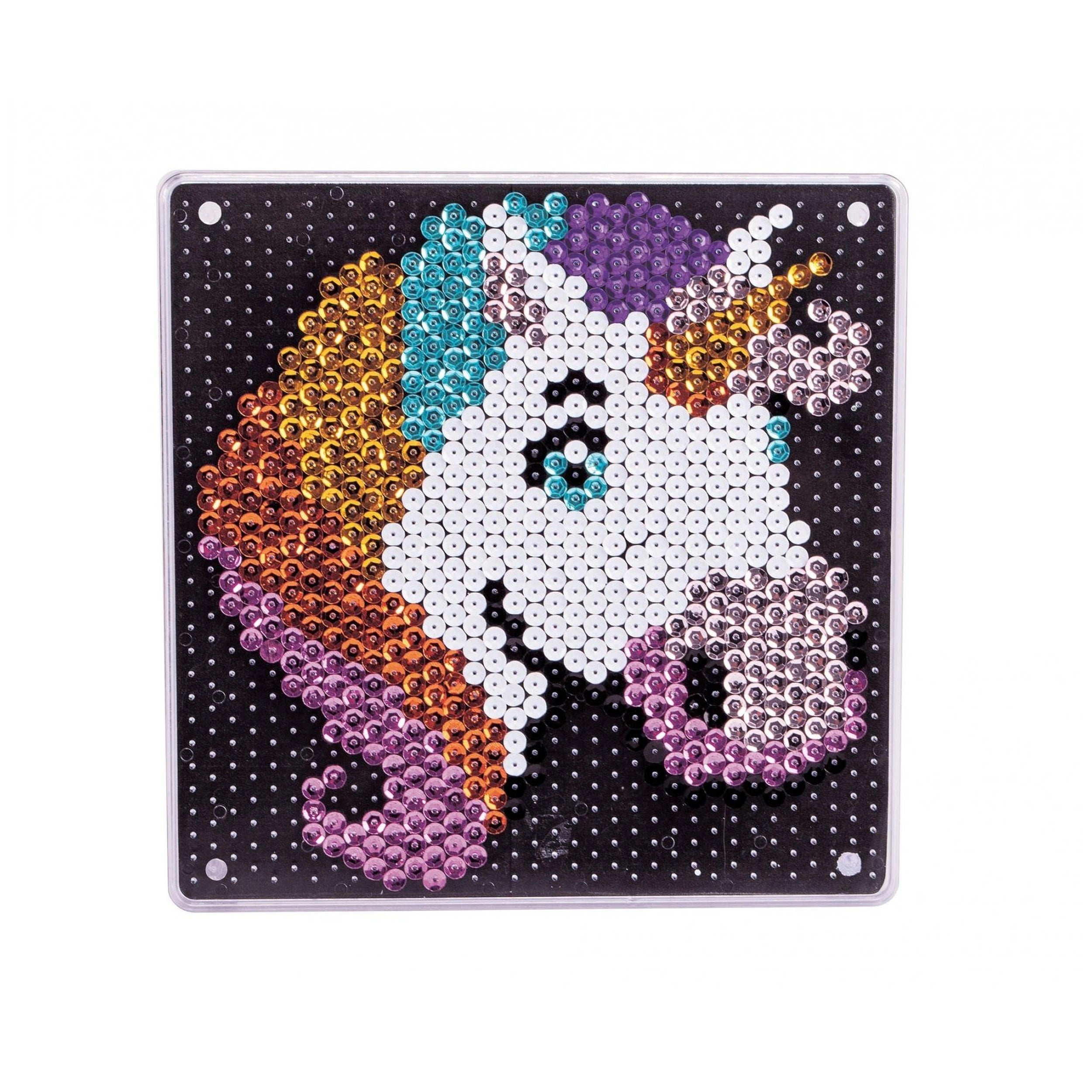 Unicorn-sequin-art activity featuring a glossy black background, colorful beads forming the unicorn's face, mane, and tail.