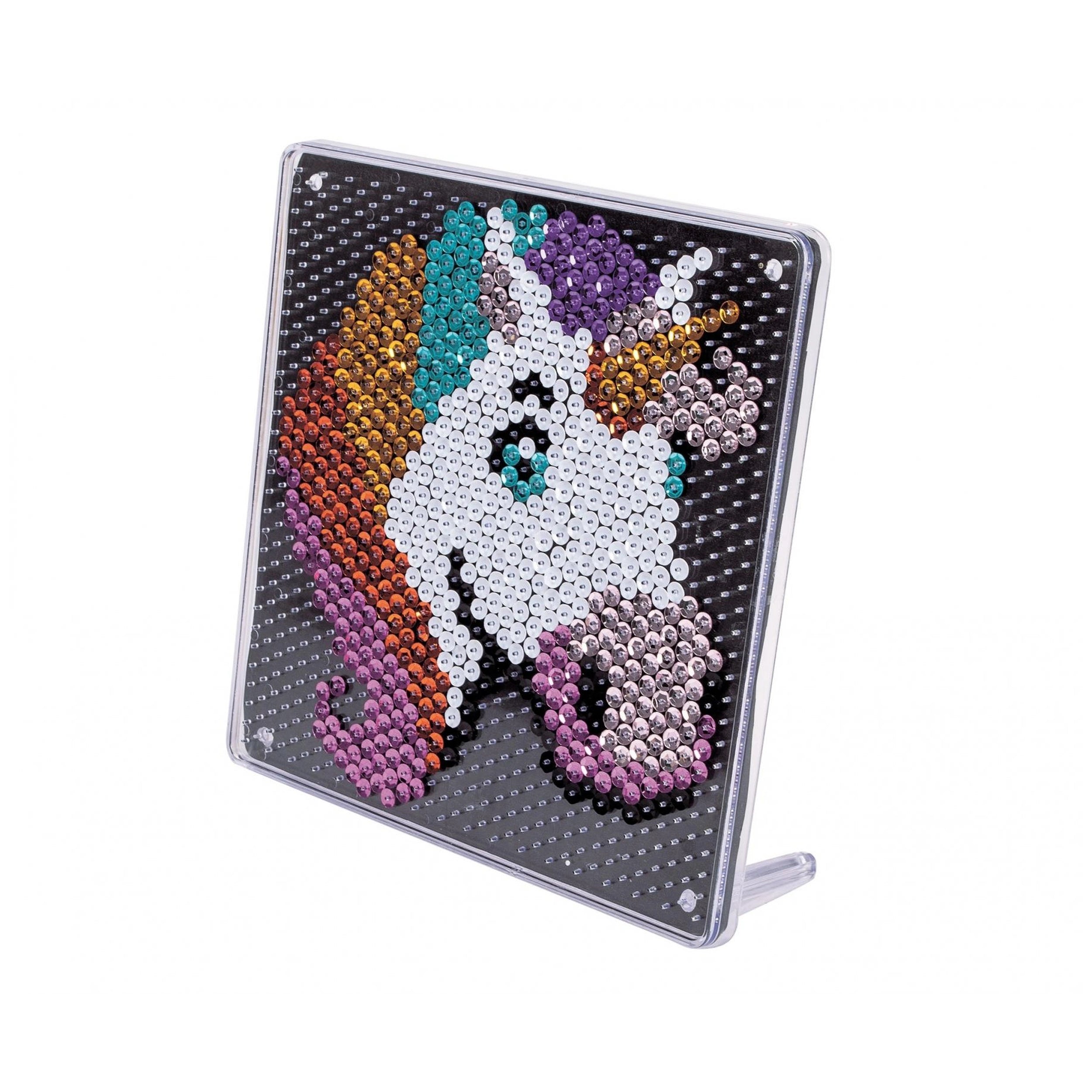 Ammirate Unicorn-Sequin-Art-Activity features a colorful beaded horse head on a glossy white base, designed for hanging.