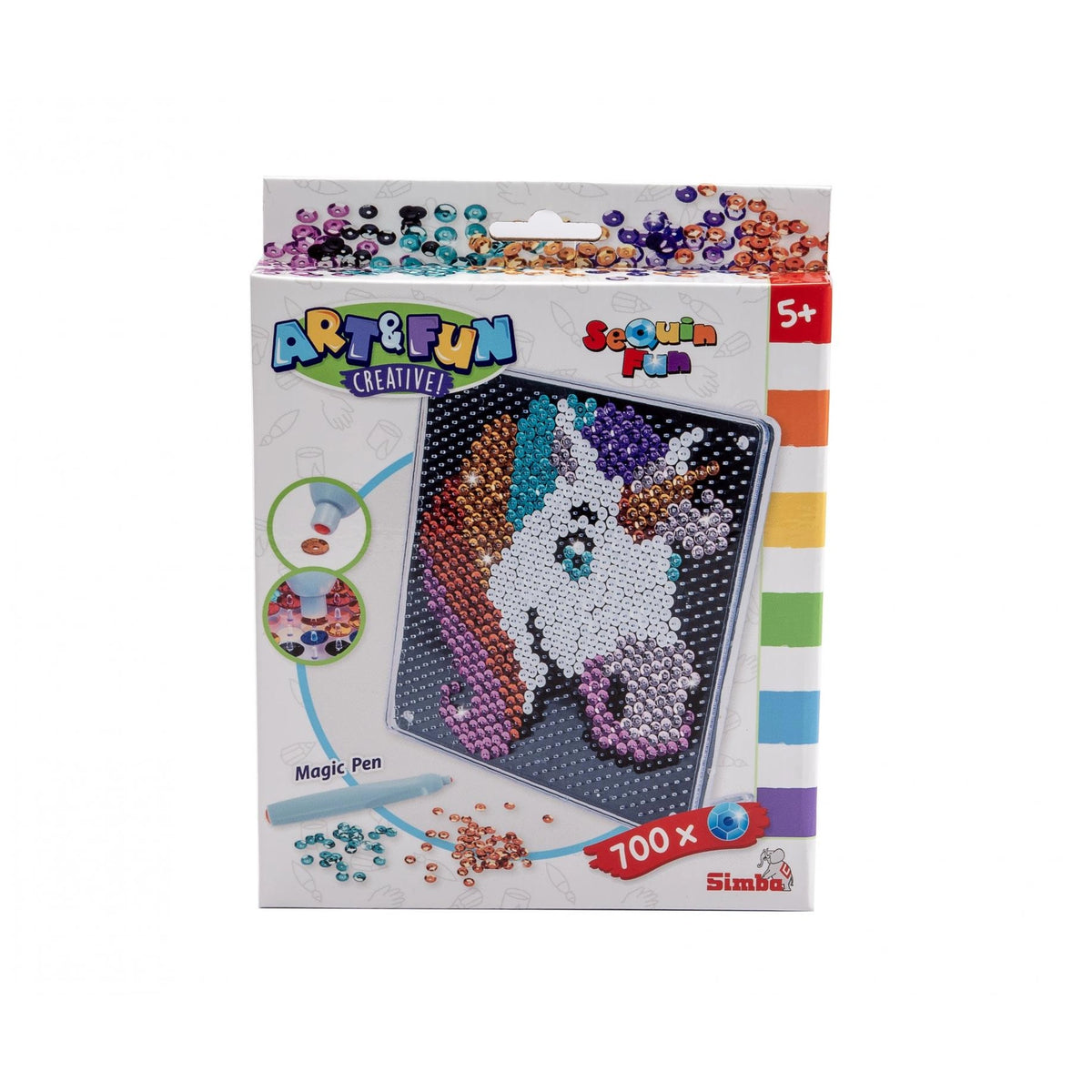 Ammirate Unicorn-Sequin-Art-Activity packaging features colorful unicorn design, magic pen, and age 5+ marking on white cardb