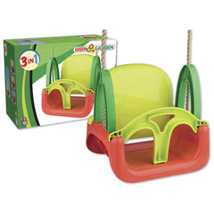 Green and red 3-in-1 swing with safety features, shown with packaging.