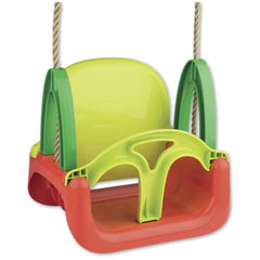 Vibrant 3-in-1 swing with a green backrest, red seat, and yellow safety frame, designed for children’s outdoor play.