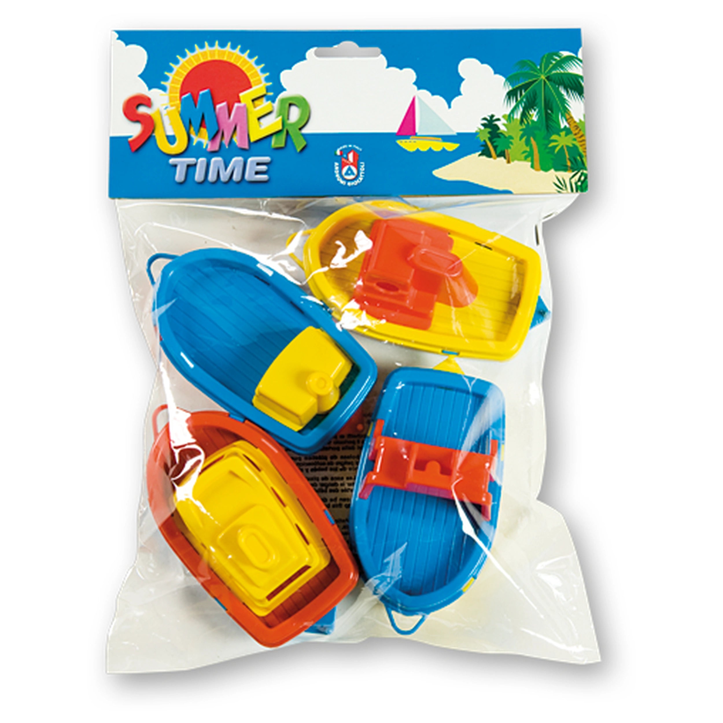 Four multicolor toy boats in a clear bag with "Summer Time" text, featuring blue, red, and yellow designs.