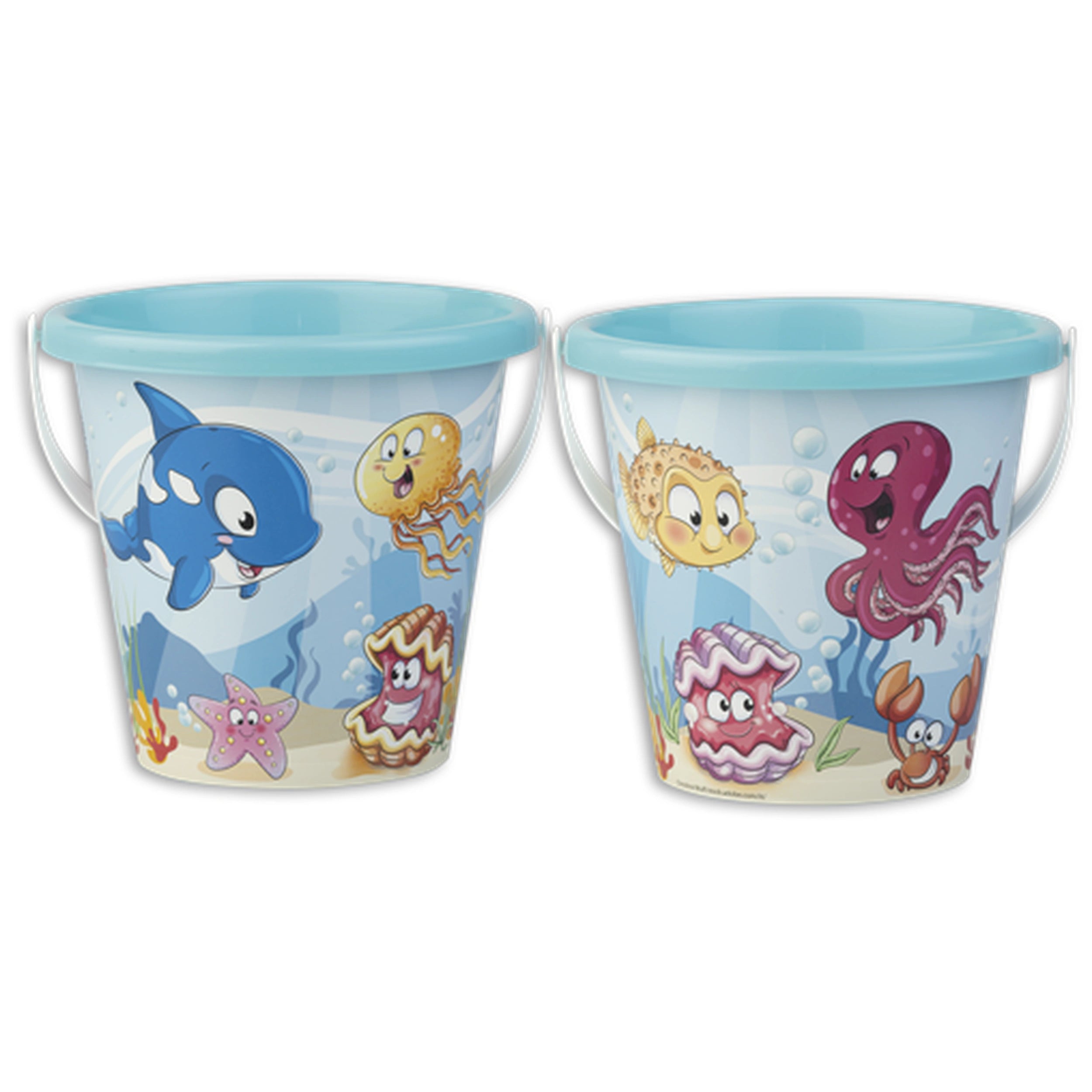Happy Fish beach buckets with sea creature designs, featuring blue rims and white handles, perfect for sand play.
