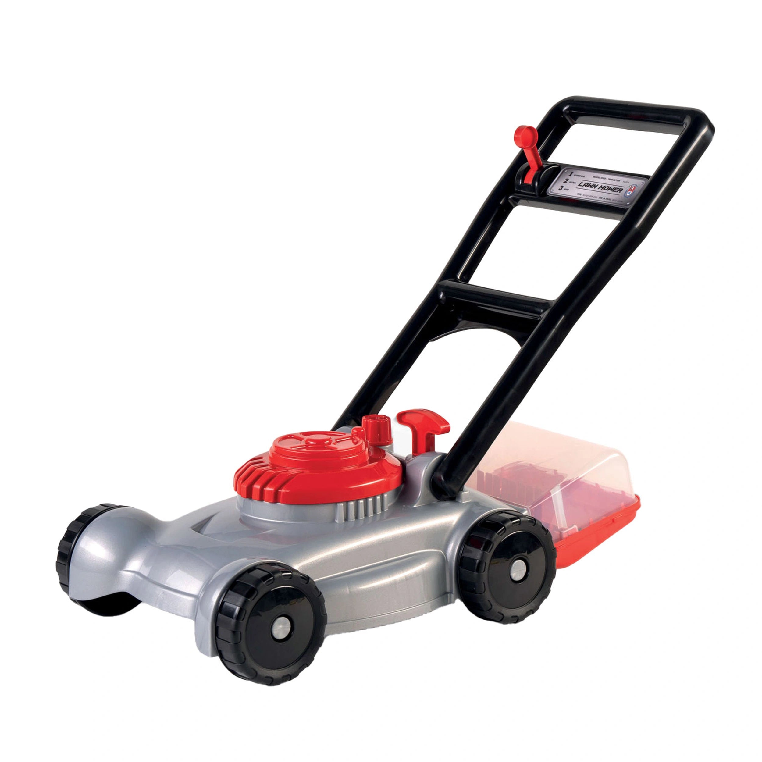 Silver androni toy lawn mower with red accents and black handle.