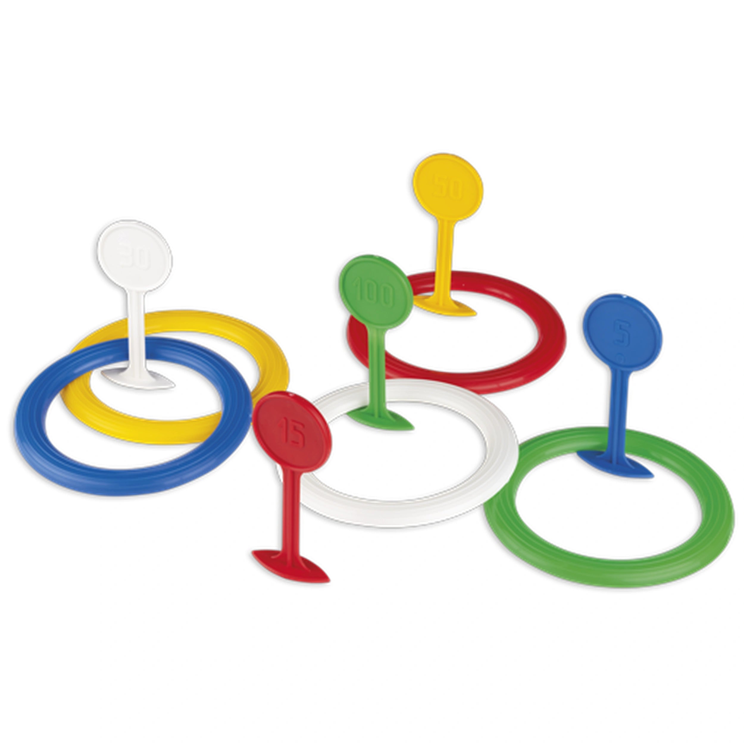 Colorful Androni Ring Toss Game with five scoring pegs and rings in red, blue, green, yellow, and white.