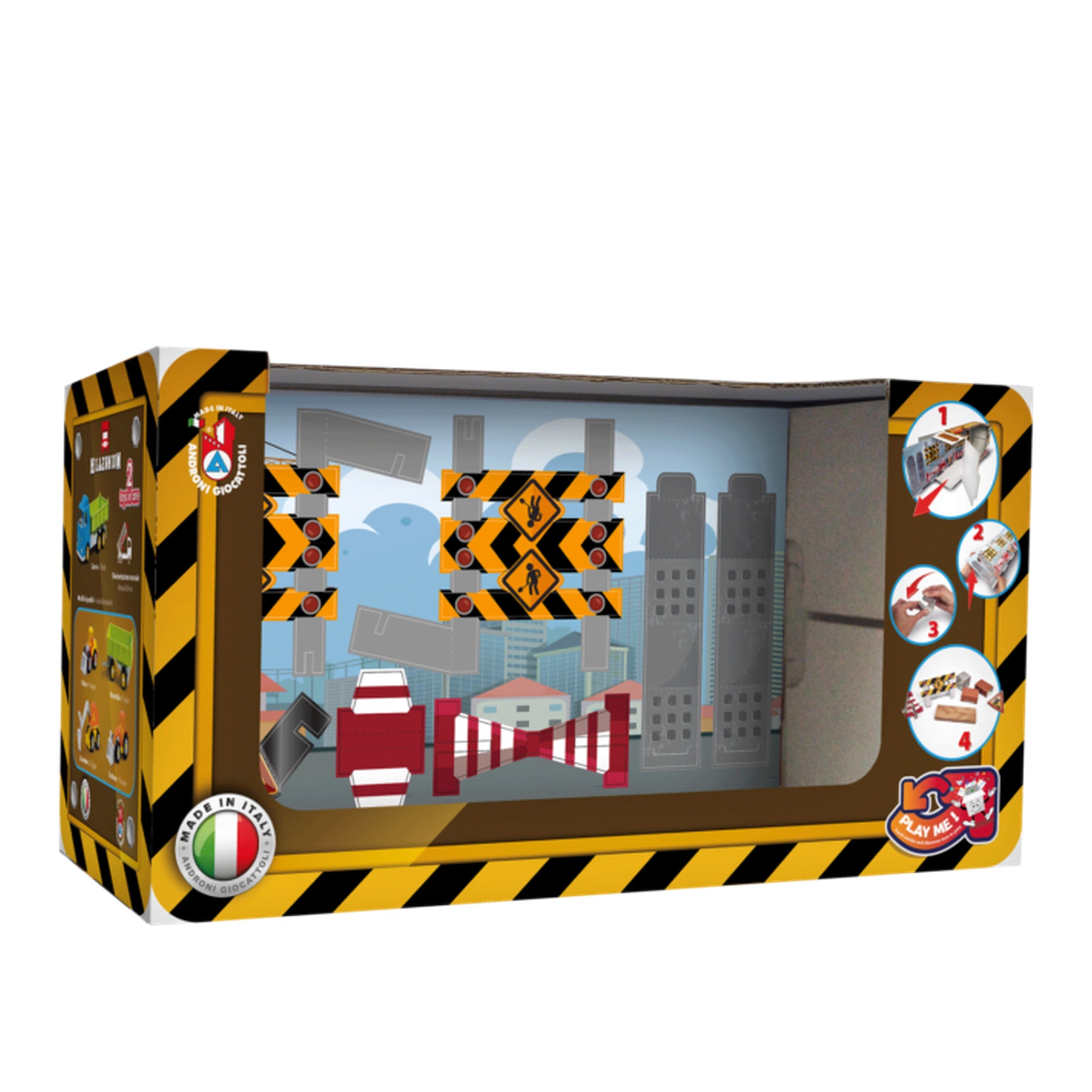 Androni Trucks toy box with work vehicles, caution stripes, and city skyline background.