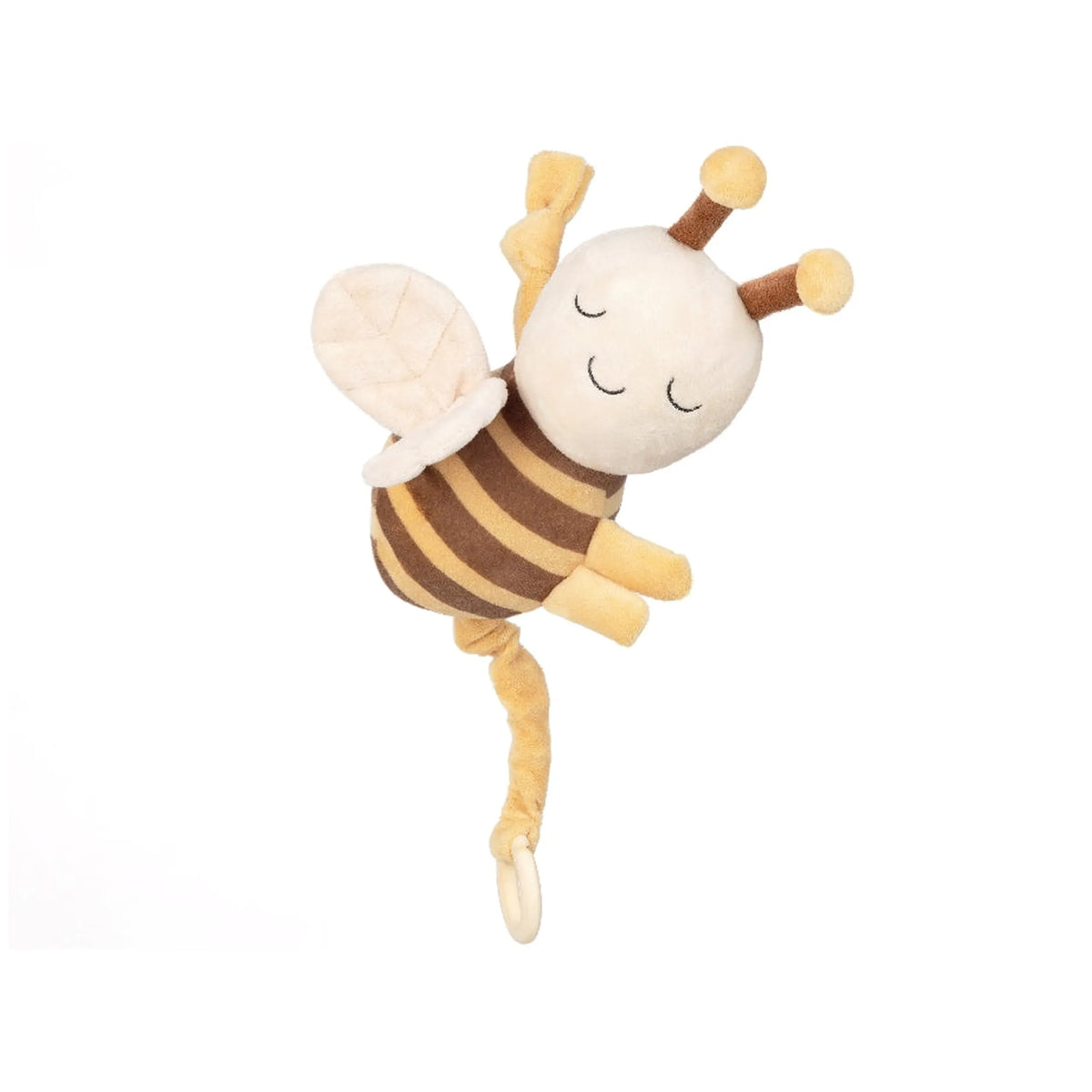 Adorable bee plush carillon with brown stripes and wings, smiling face, and pull string for melodies.