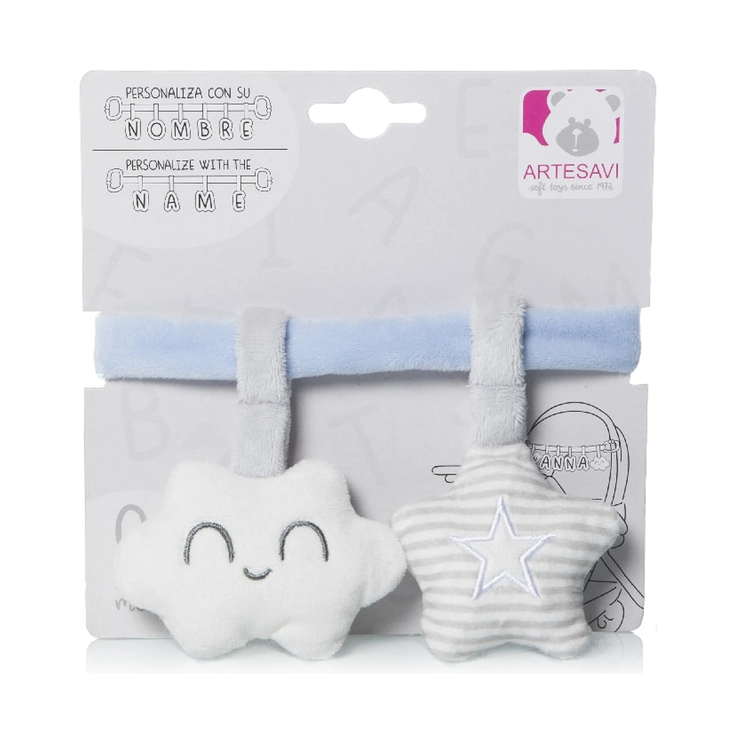 Customizable blue rattle ribbon with plush cloud and star, perfect for strollers.
