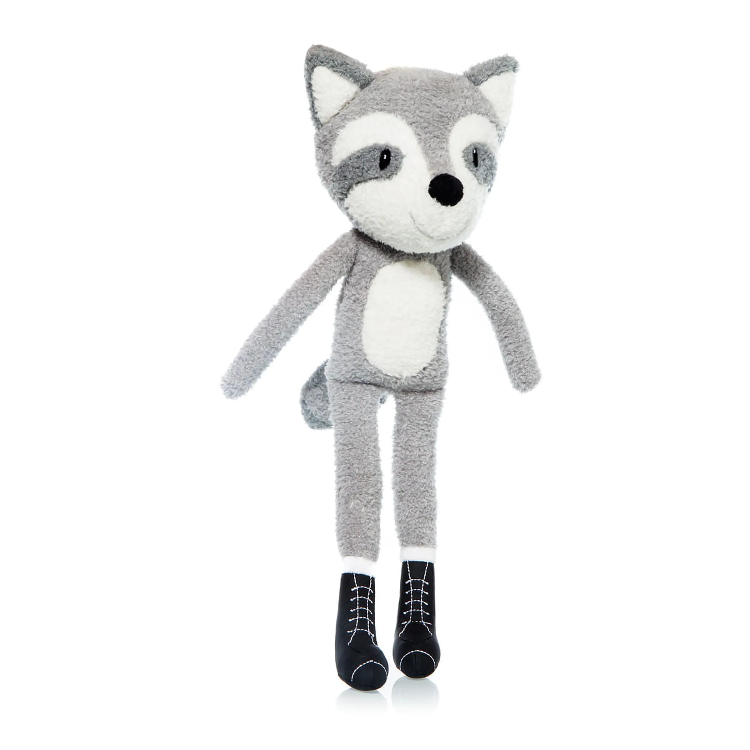 Gray and white raccoon plush toy with long flexible limbs, wearing black lace-up boots, on a white background.