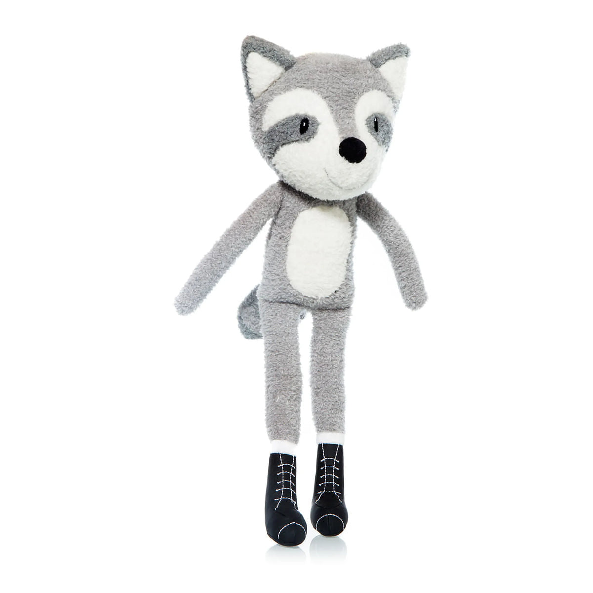 Gray and white raccoon plush toy with long flexible limbs, wearing black lace-up boots, on a white background.