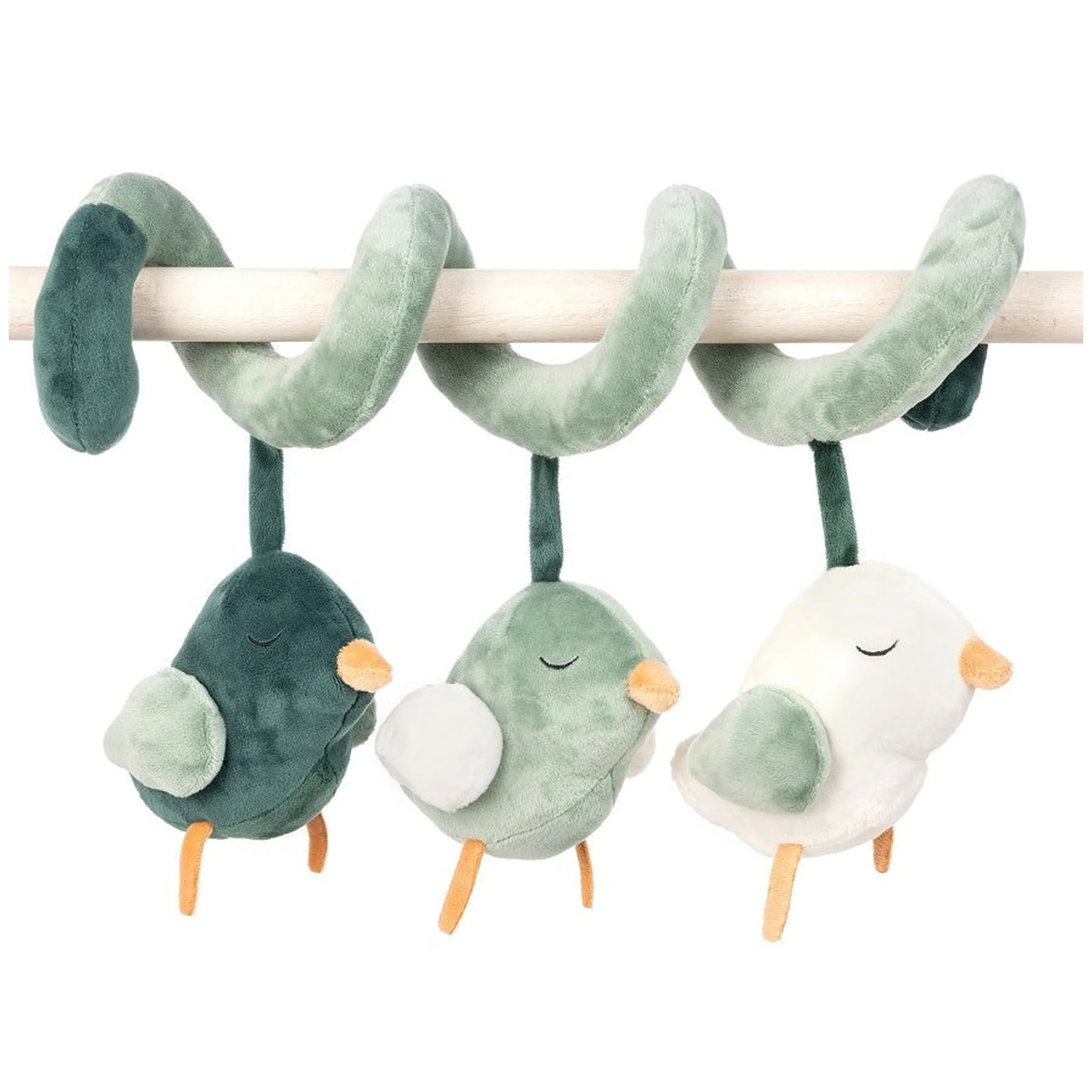 Plush spiral toy with three soft green and white birds hanging, attached to a bar.
