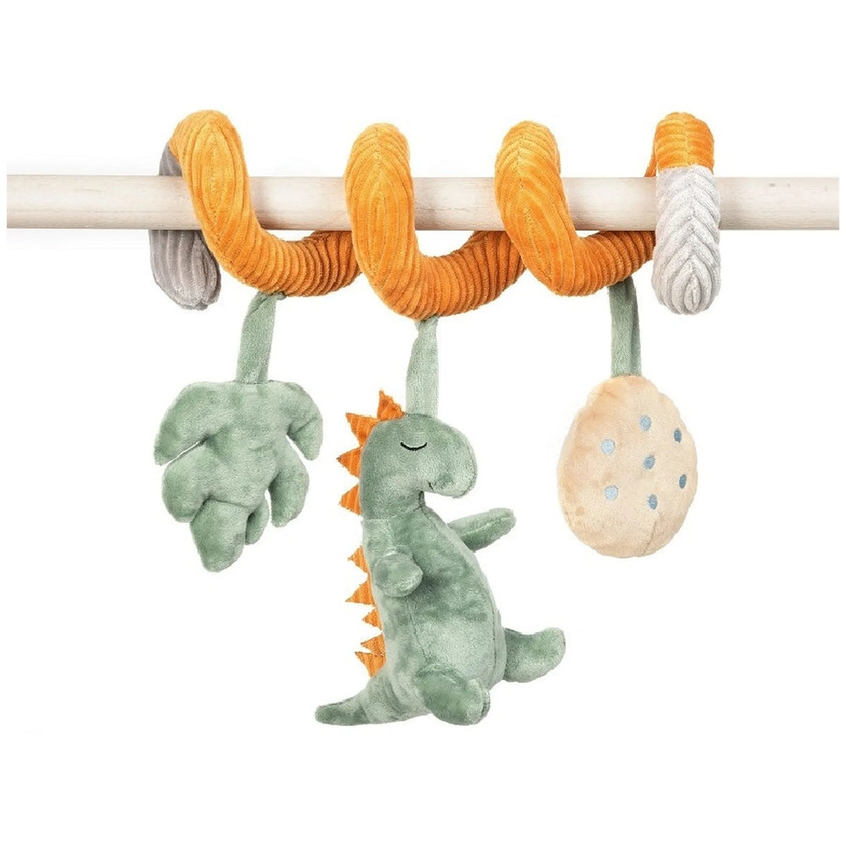 Orange spiral dinosaur plush rattle with hanging green dinosaur and leaf, and beige circle, attached to a bar.