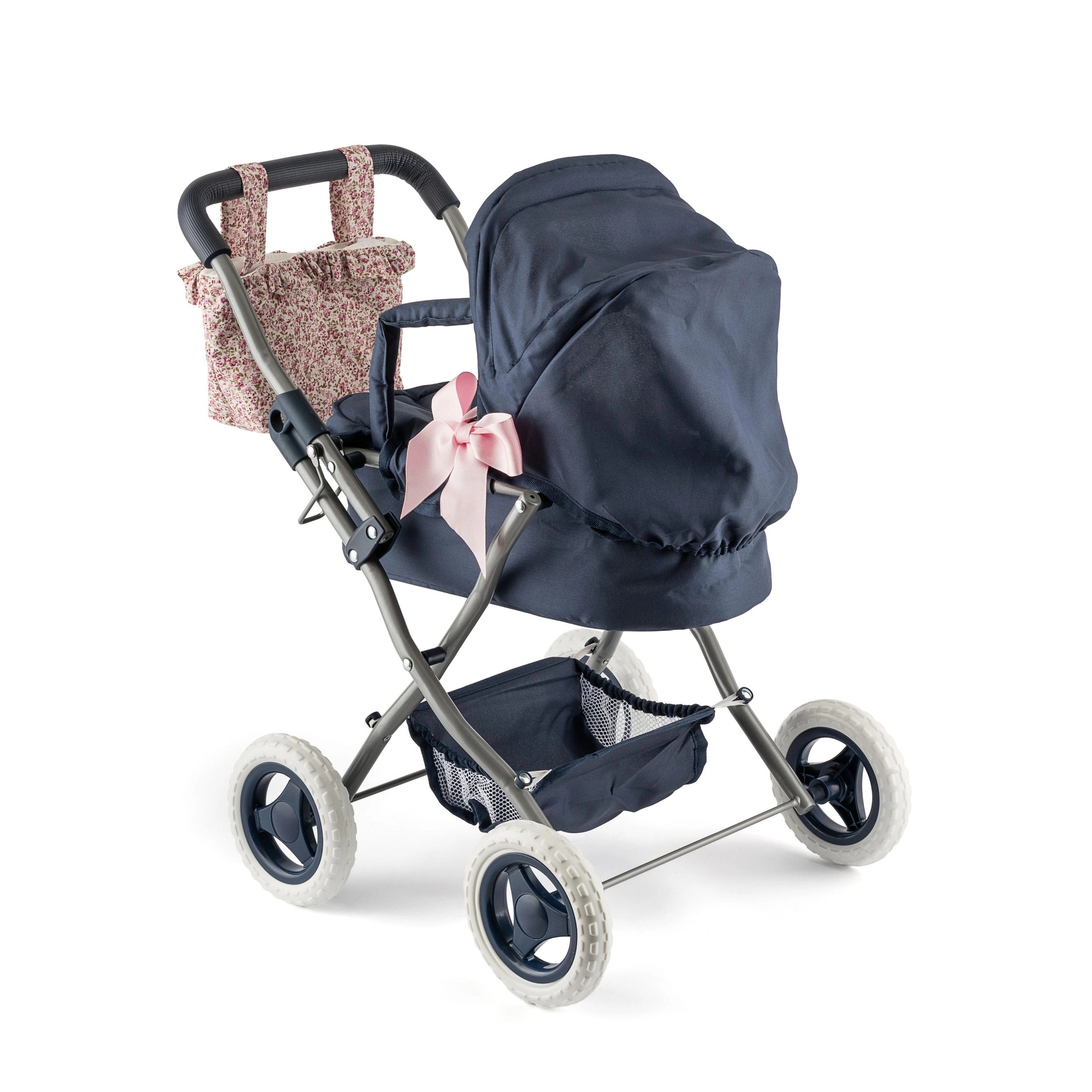 Dark blue toy stroller with pink bow, floral-patterned bag, and white wheels from the Así Dreams Cloe Collection.