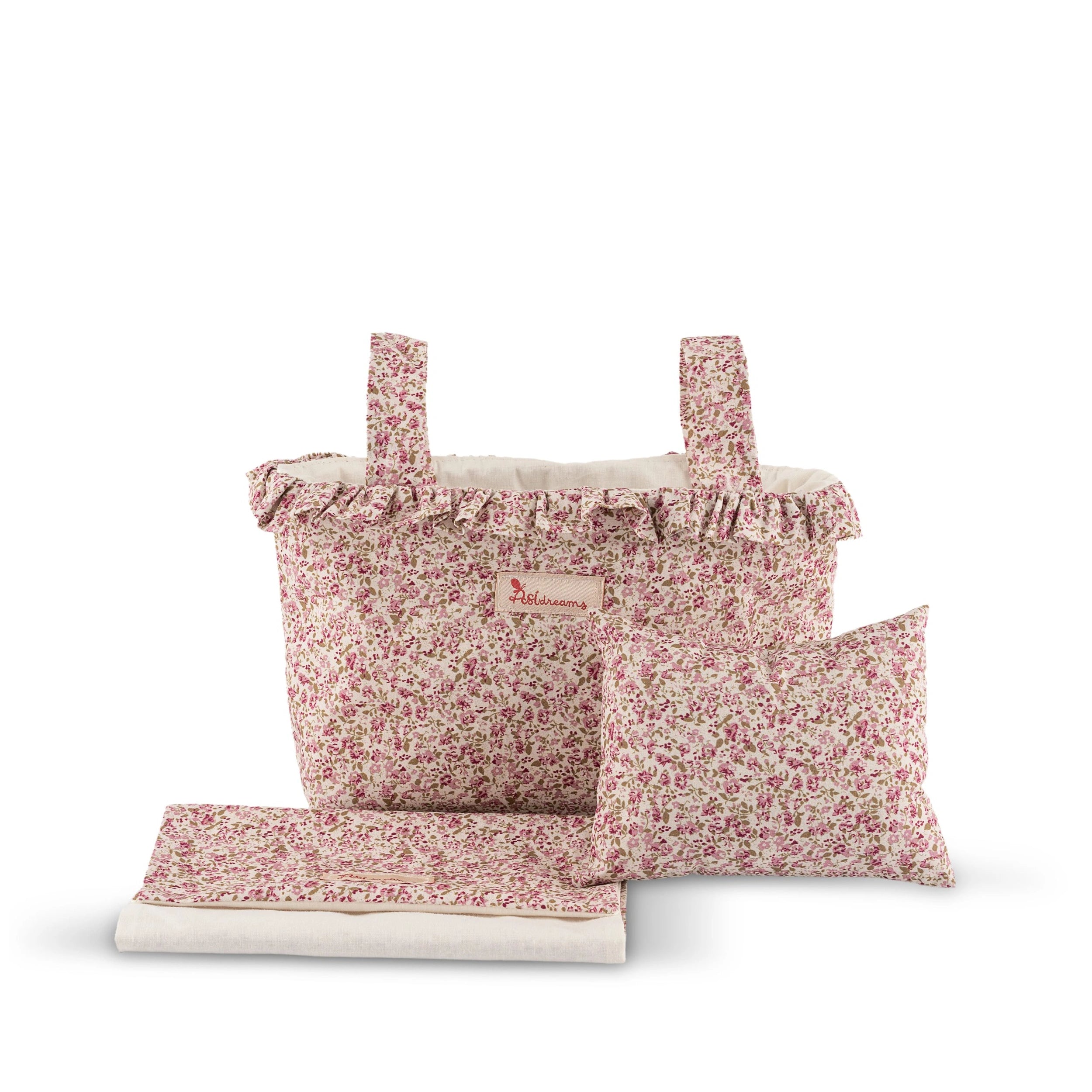 Floral-patterned doll stroller bedding set with pillow and blanket from ASI Dolls Cloe Collection.