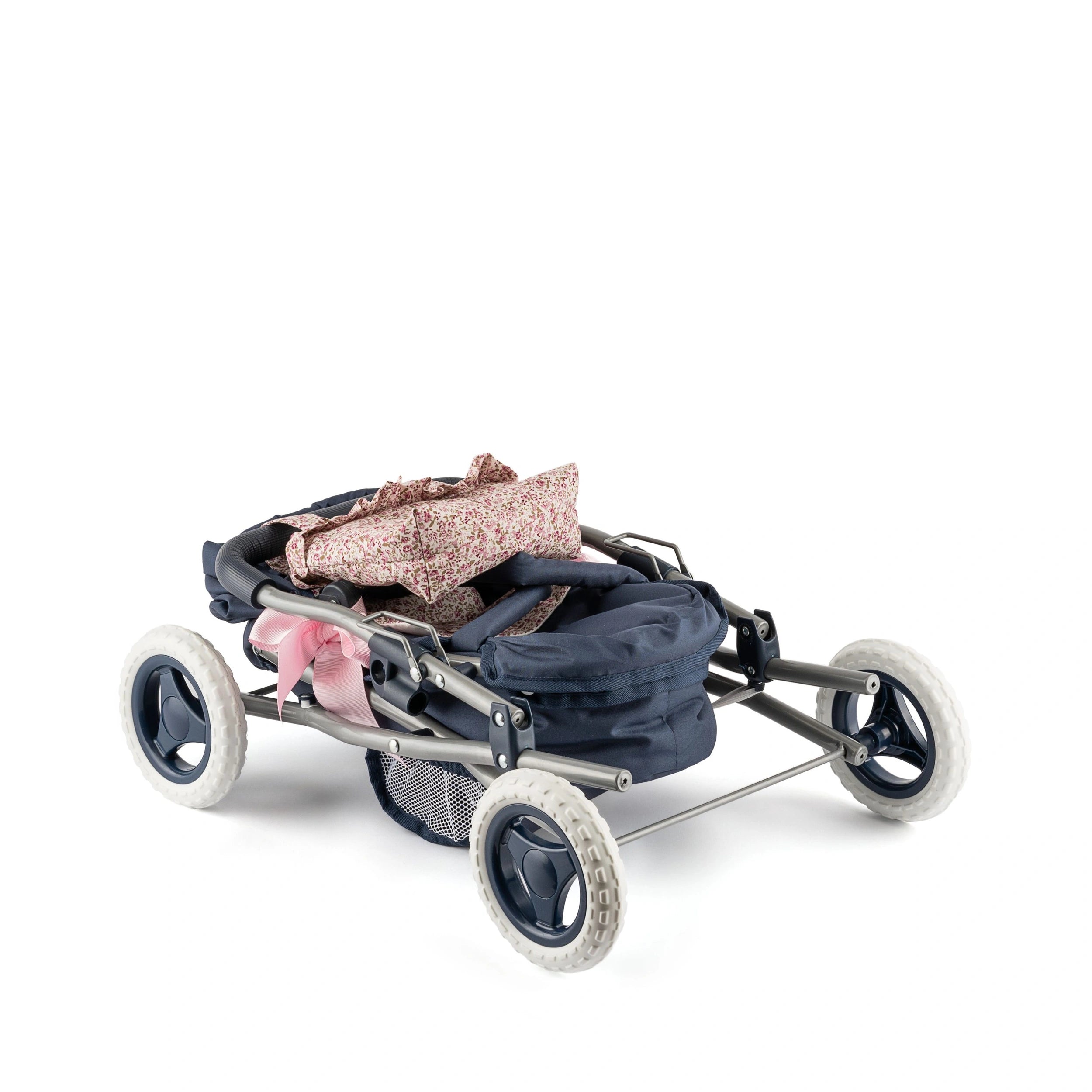 Folded navy blue Cloe Baby Stroller with white wheels, pink floral fabric, and pink ribbon detail.
