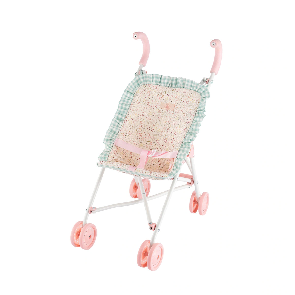 Pink and white doll stroller with floral and gingham pattern, featuring adjustable handles and four pink wheels.