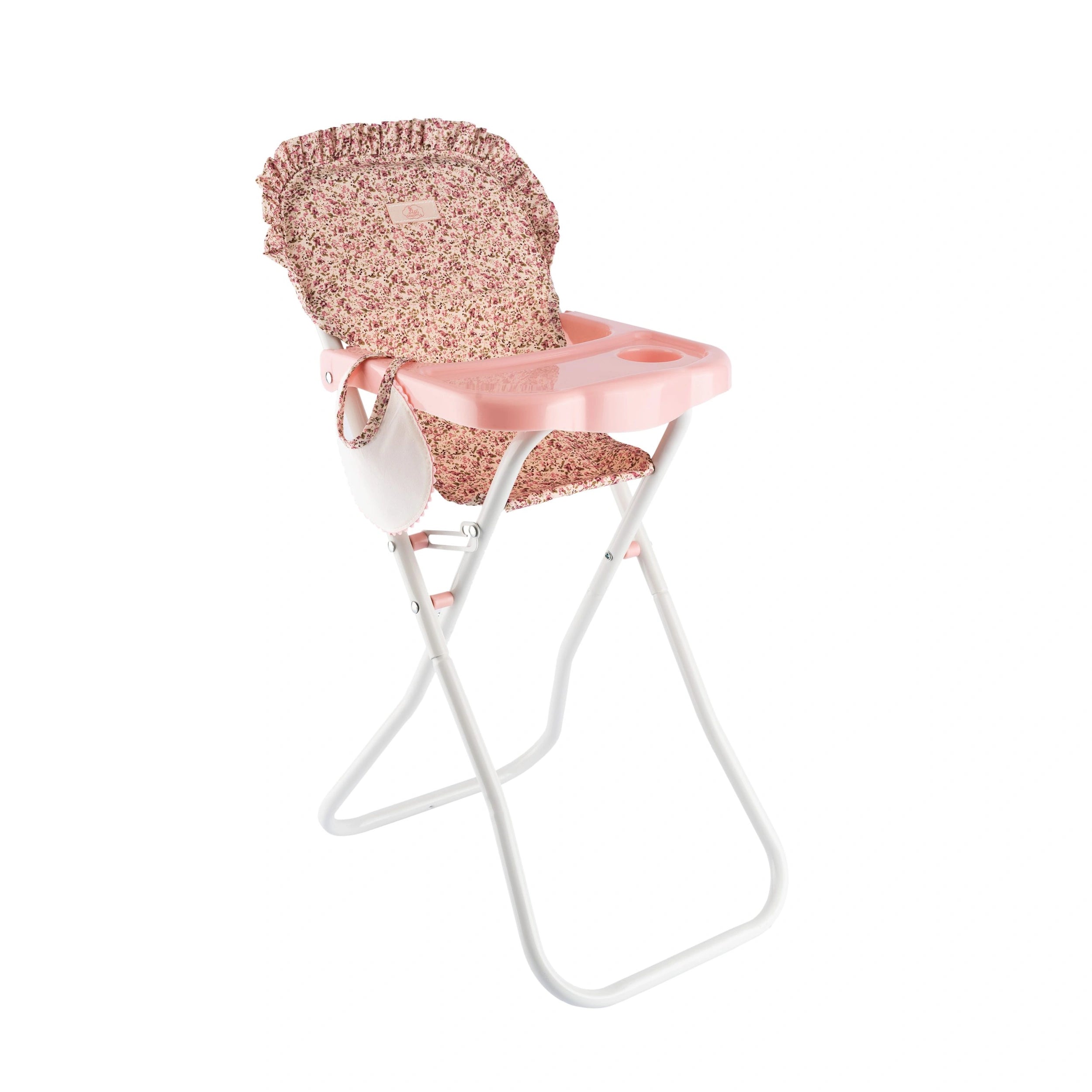 Pink doll high chair with floral seat cover, white metal frame, and bib from ASI Dolls Martina Collection.