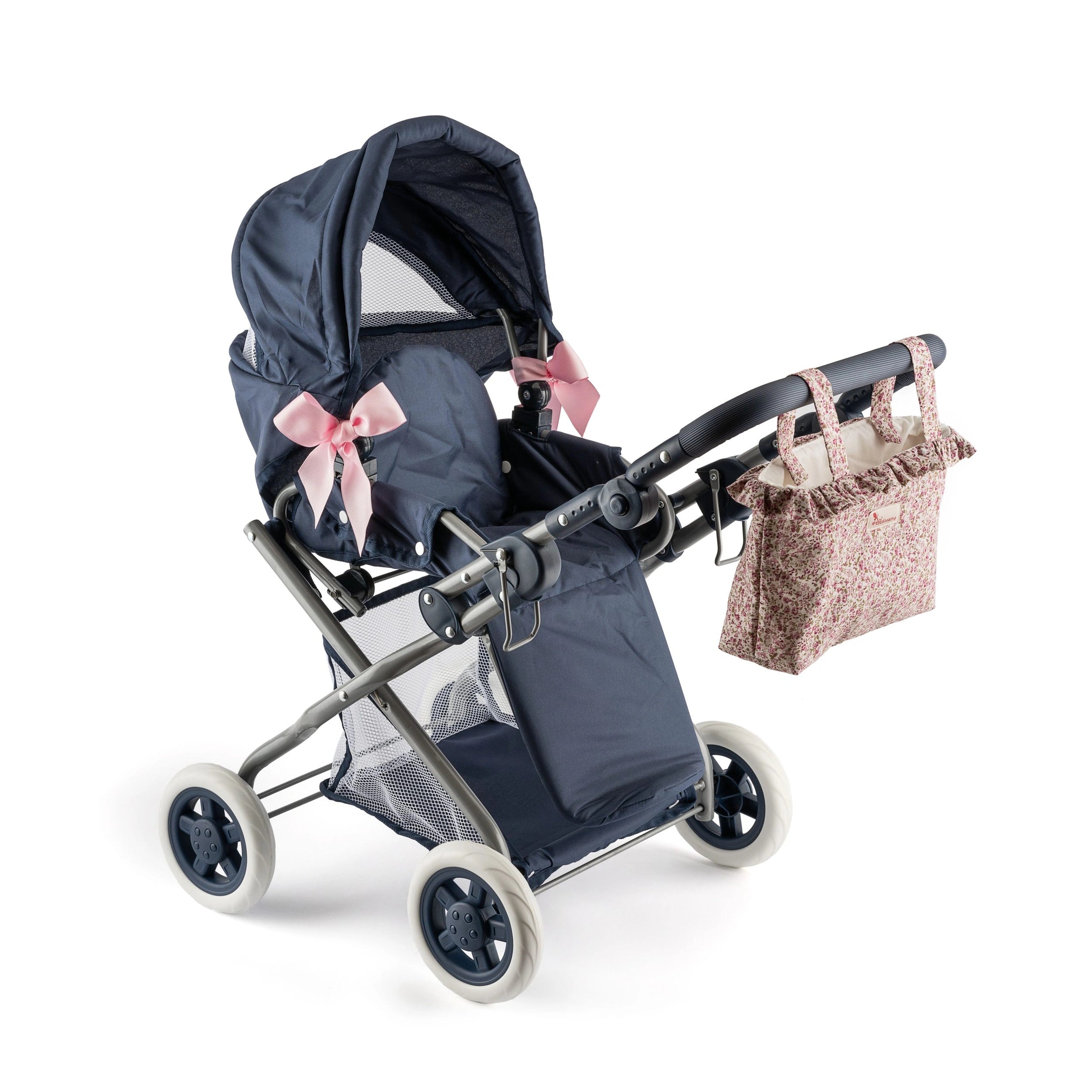 Dark blue toy stroller with pink bows, floral diaper bag, removable canopy, and white wheels, designed for 36-46 cm dolls.