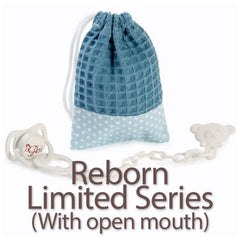 Blue bag with white stars and pacifier for Reborn dolls by Asi, perfect for open-mouth dolls.