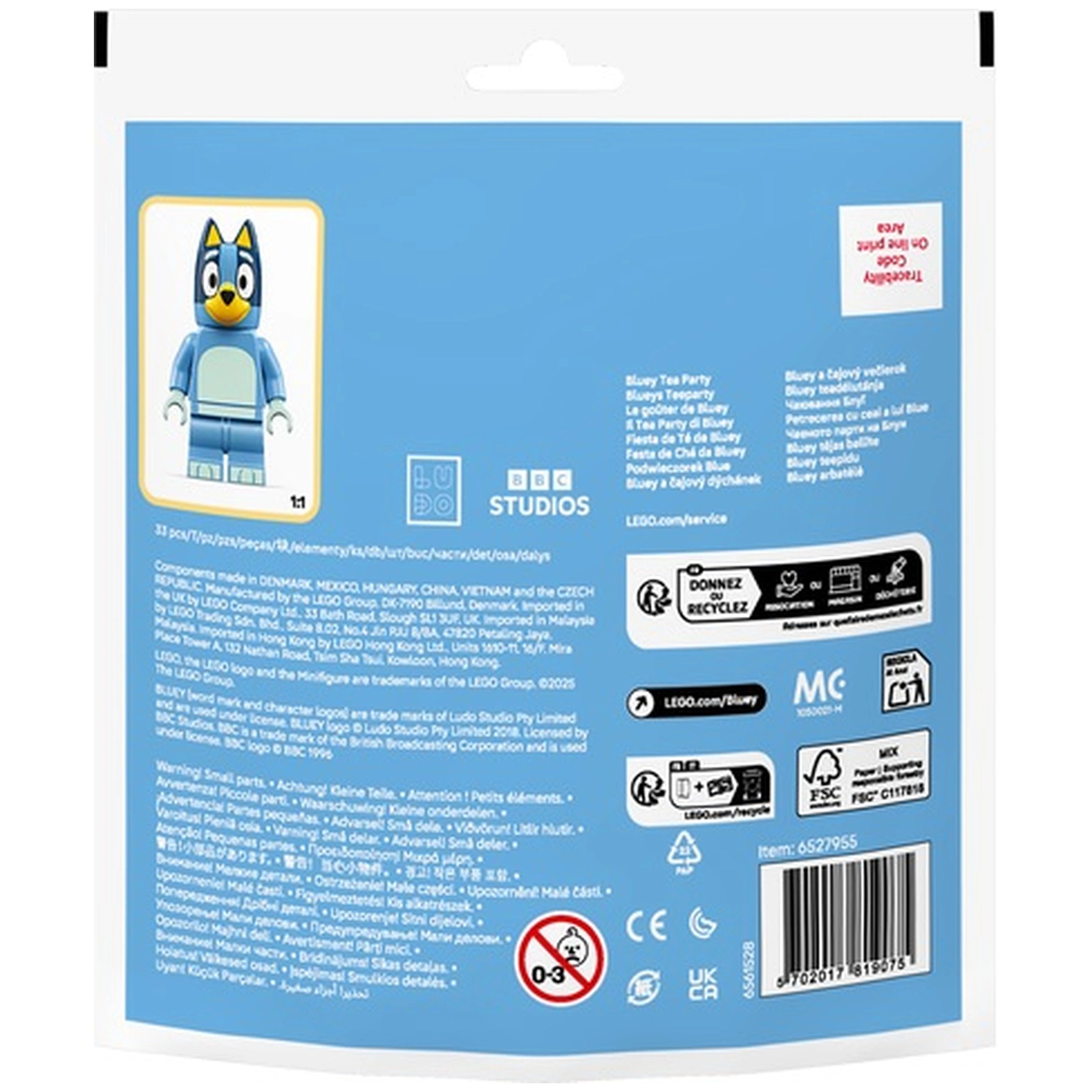 Bluey Tea Party playset packaging featuring a colorful illustration of Bluey, with product details and instructions on a blue background.