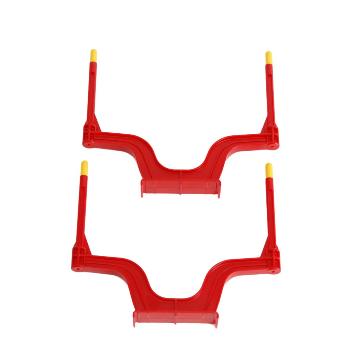 Two red plastic stakes for Bruder forestry trailer, with yellow tips, positioned parallel on a white background.