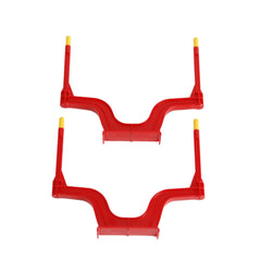 Two red plastic stakes for Bruder forestry trailer, with yellow tips, positioned parallel on a white background.