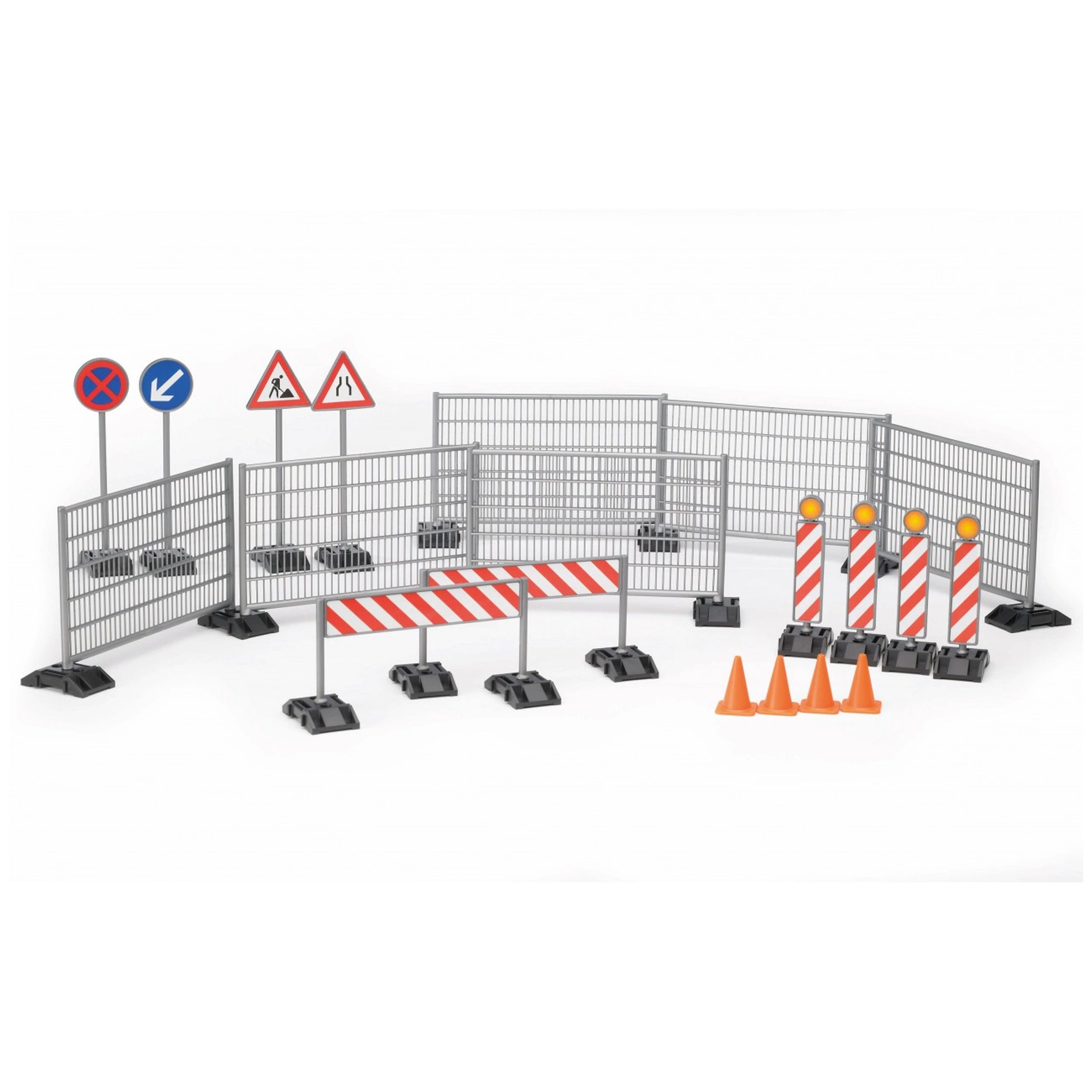 Construction playset with fences, traffic signs, pylons, and cones for imaginative building scenarios.