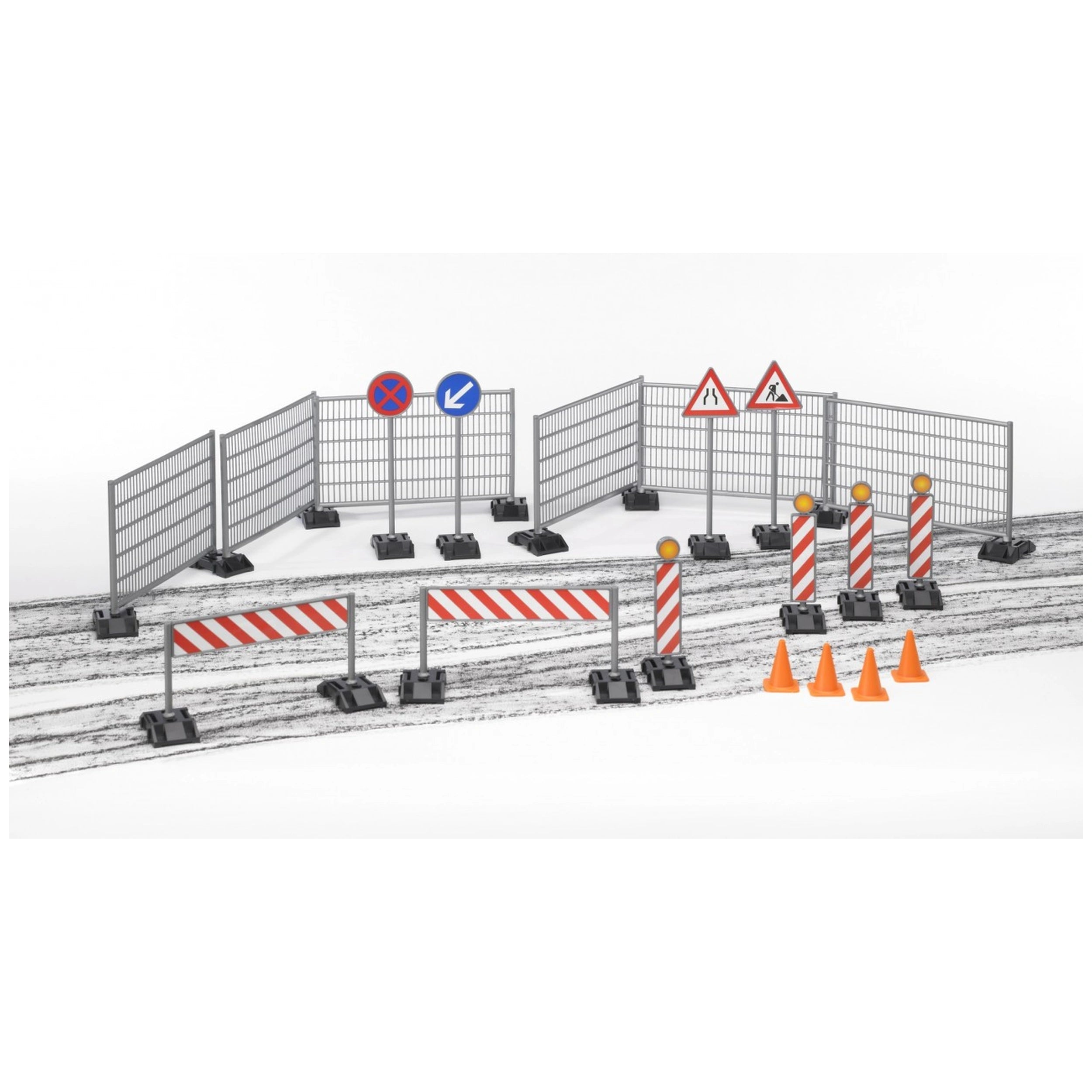 Bruder construction set with gray fences, red-white barriers, traffic signs, and orange cones for imaginative building play.
