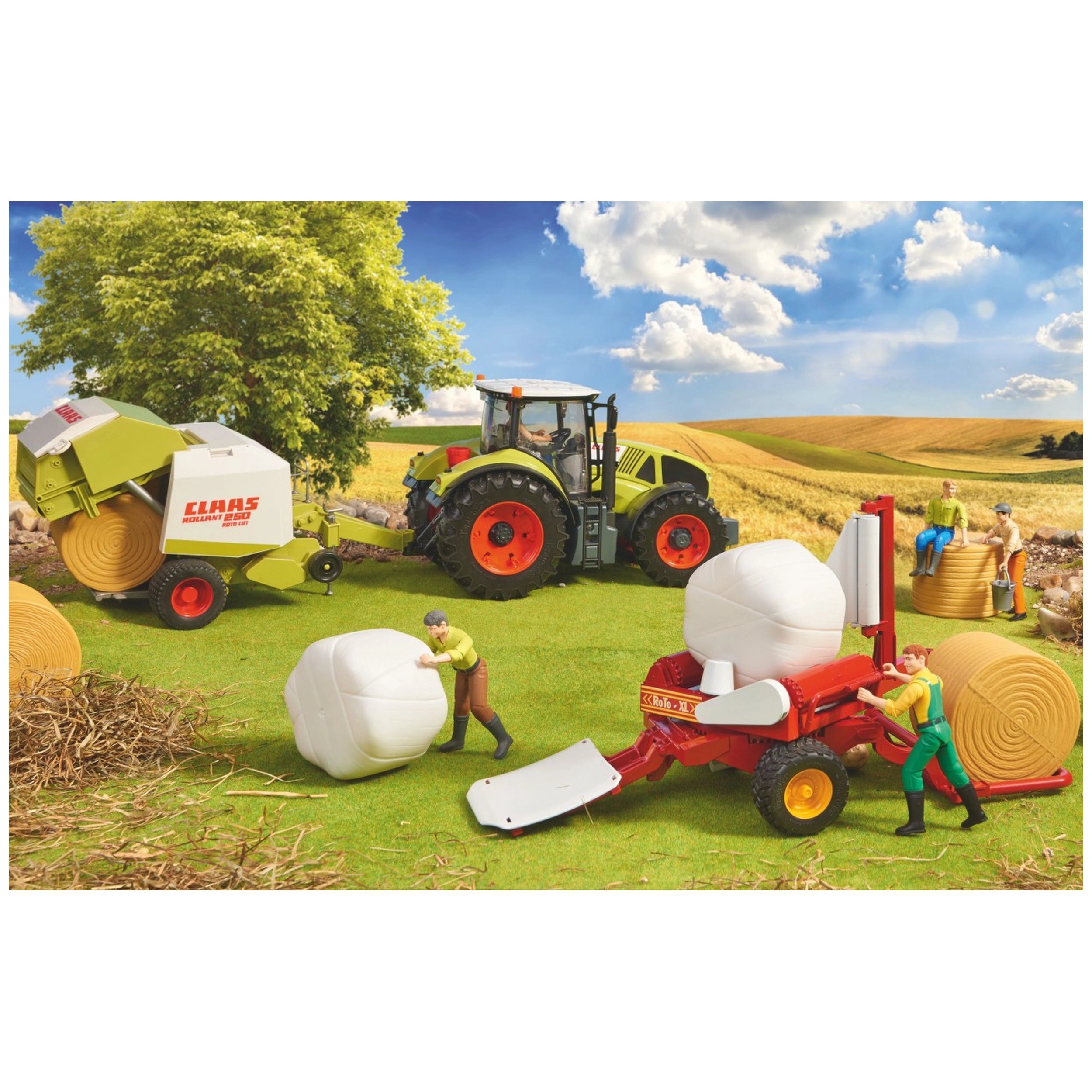 Toy farming scene with children playing, featuring a tractor, bale wrapper, round bales, and a bright green field.