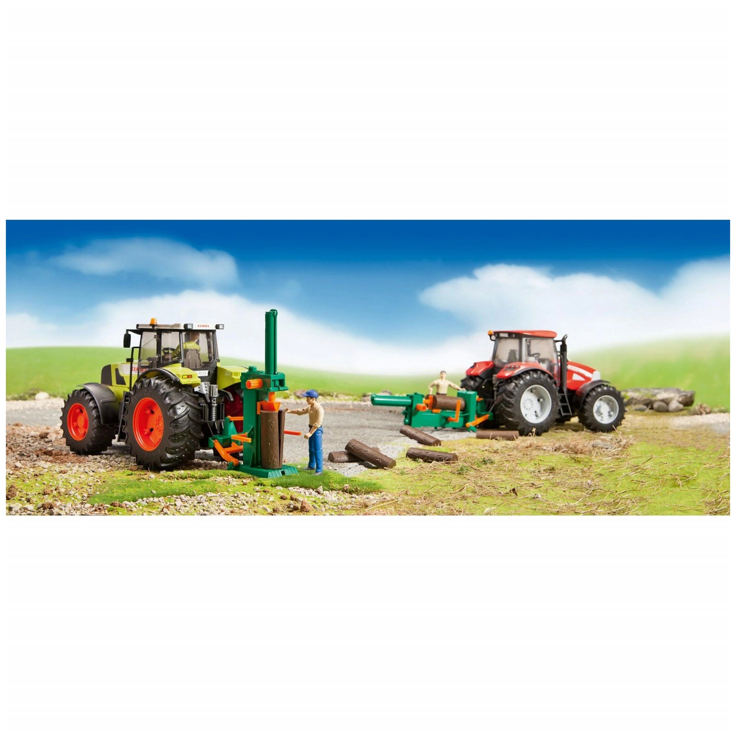 Toy forestry set with two tractors, figures using log splitters and tools, on a grassy, rocky landscape under a blue sky.