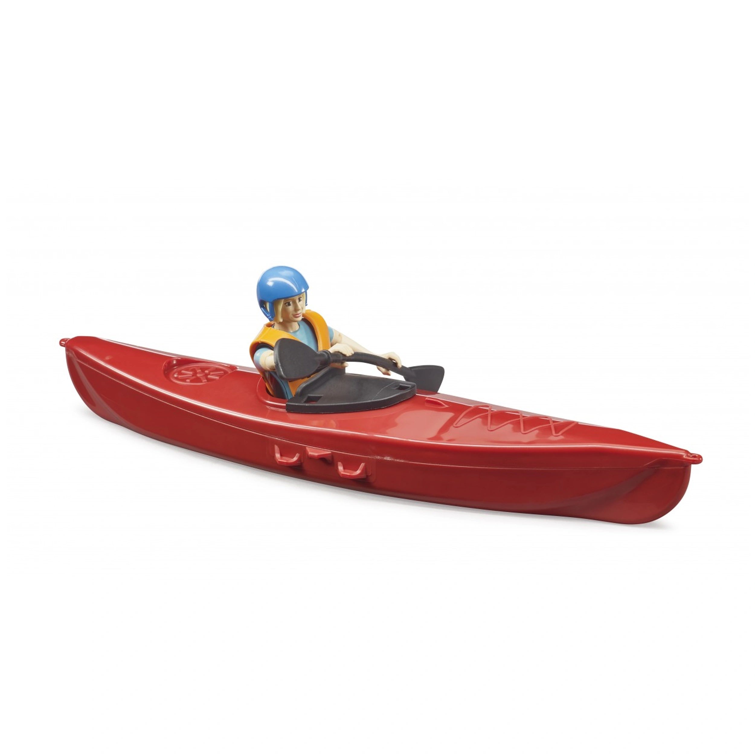 Toy figure in blue helmet and life jacket paddling a red kayak.