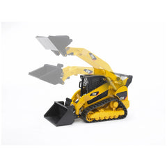 Yellow Bruder CAT Compact Track Loader toy with adjustable arm and rubber tracks, showcasing realistic movement.