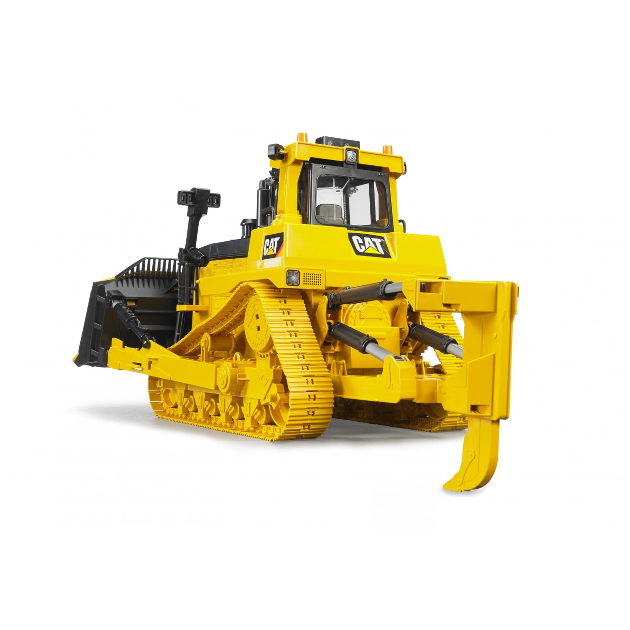 Yellow Bruder CAT track-type tractor toy with realistic tracks and hydraulic features displayed on a white background.
