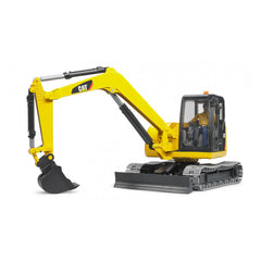 Yellow CAT mini excavator toy with worker figure, featuring a rotating cab and adjustable plough blade, on tracks.