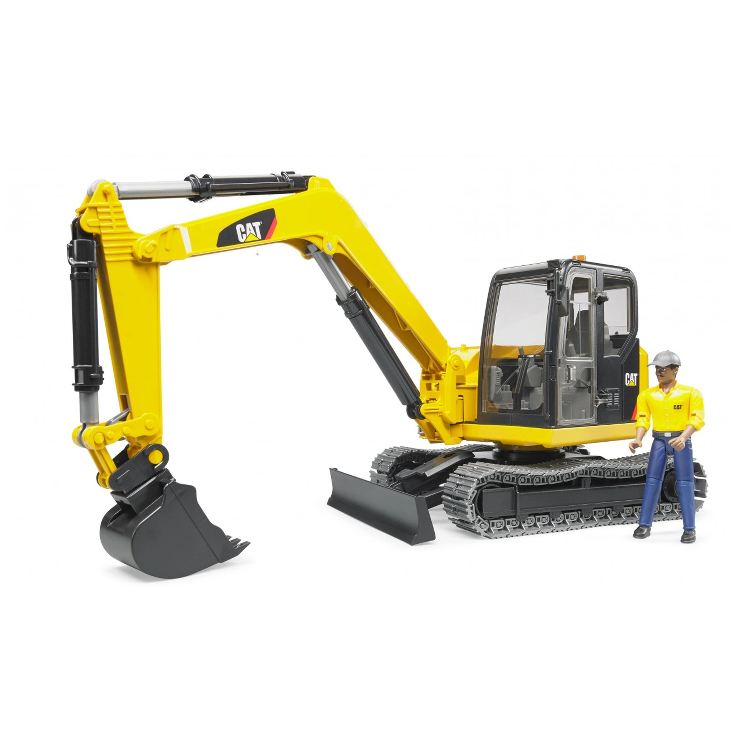 Bruder CAT Mini Excavator toy with yellow arm and worker figure, showcasing realistic construction details.