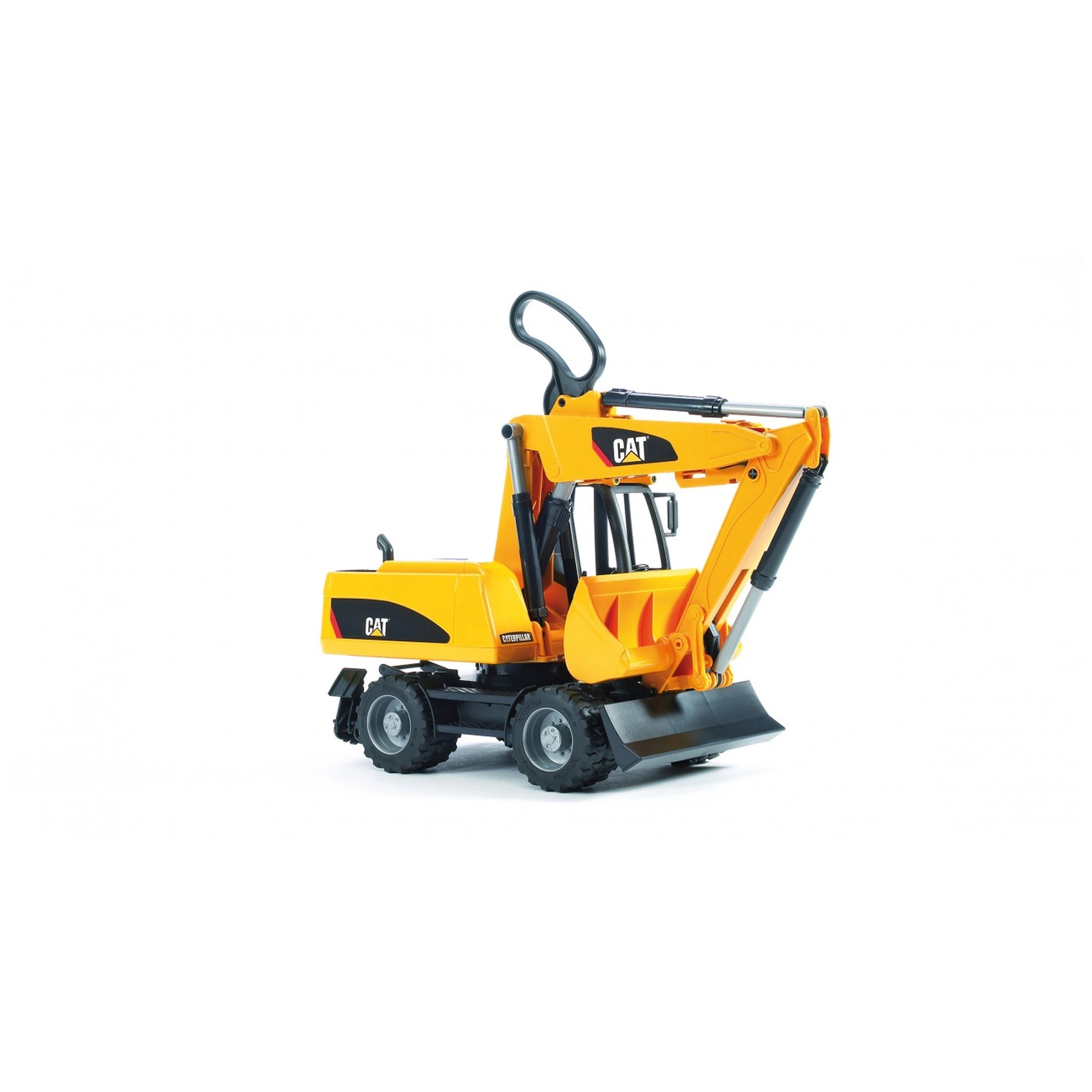 Yellow Bruder CAT® Wheel Excavator toy with detailed features, including articulated steering and support legs, on a white background.