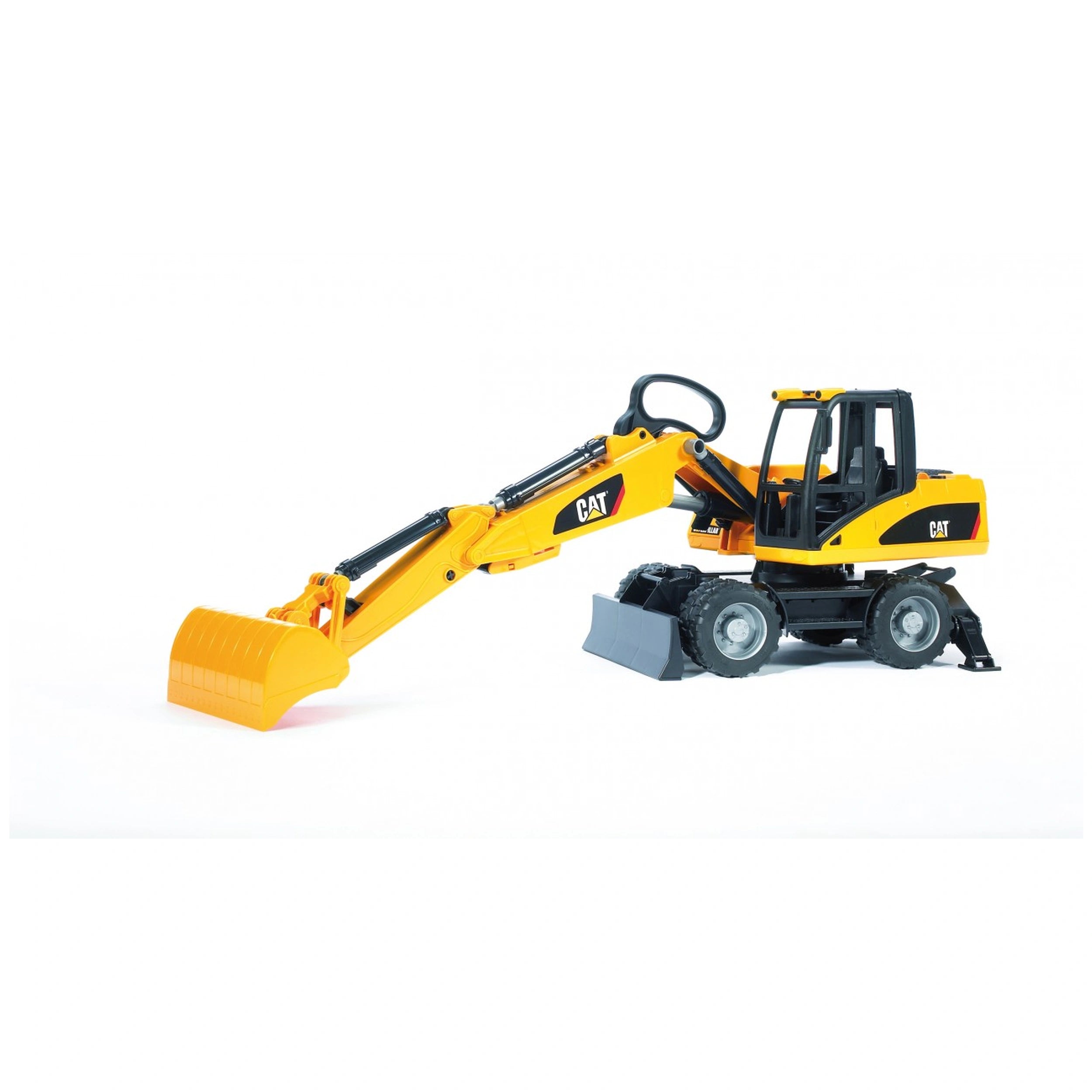 Yellow Bruder CAT wheel excavator toy with articulated boom, black wheels, and sturdy design against a white background.