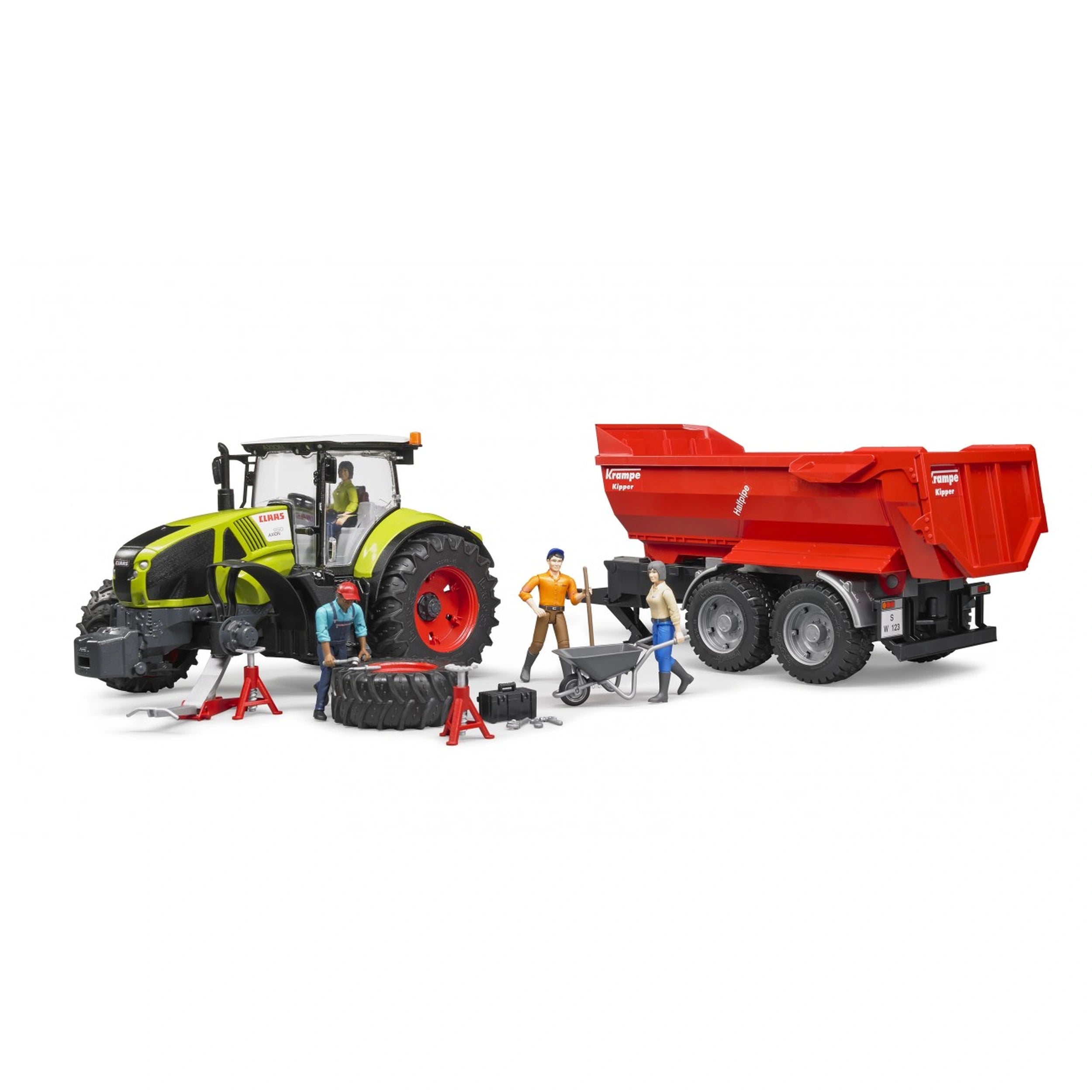 Bruder Claas Axion 950 toy with red trailer, figures working, tools and spare tire, promoting imaginative play for kids.
