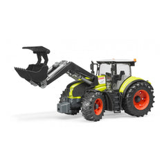 Bruder Claas Axion 950 tractor toy with frontloader, lime green and black, detailed design with red wheels.