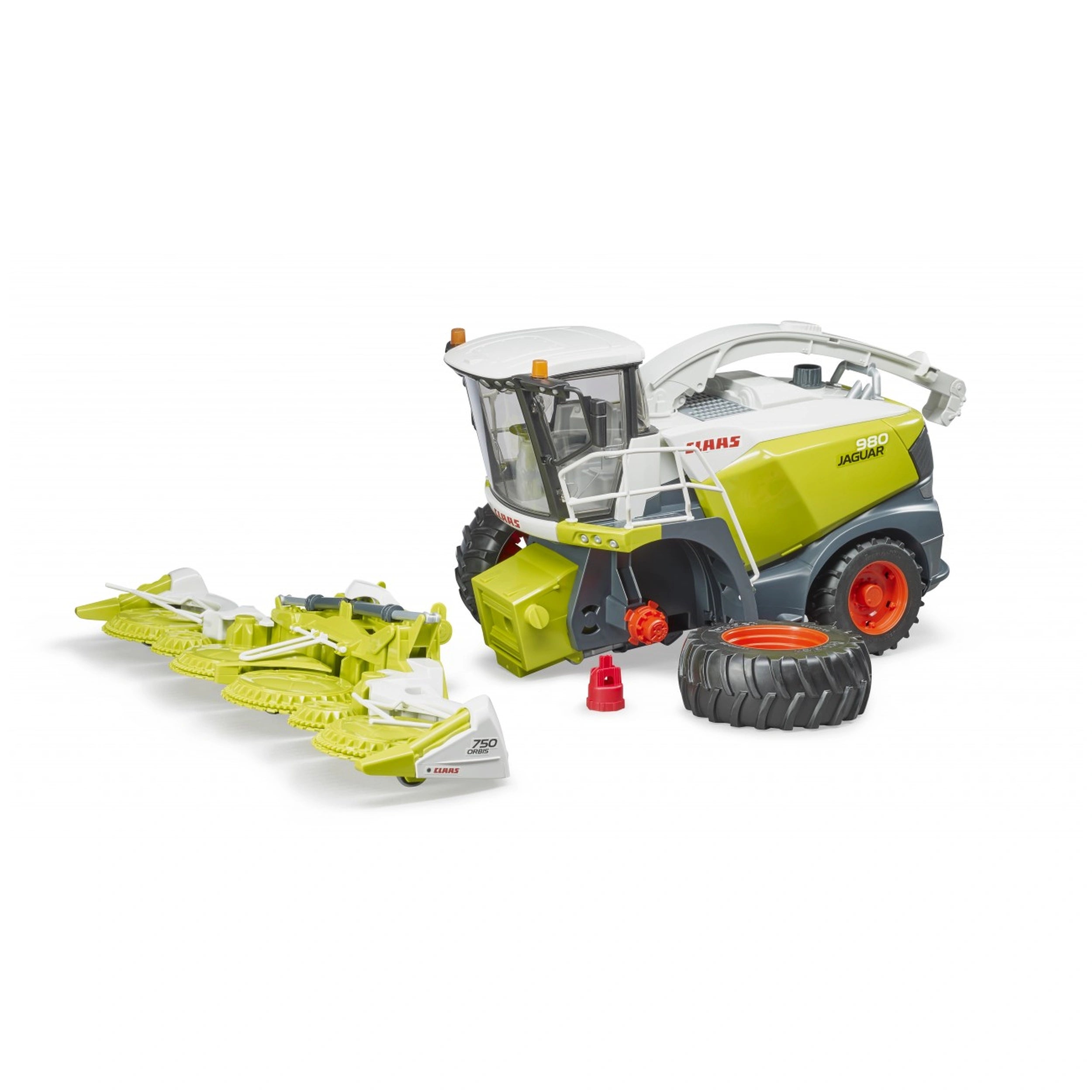 Bruder Claas Jaguar 980 toy with lime green body, detachable corn header, spare tire, and orange-red details.