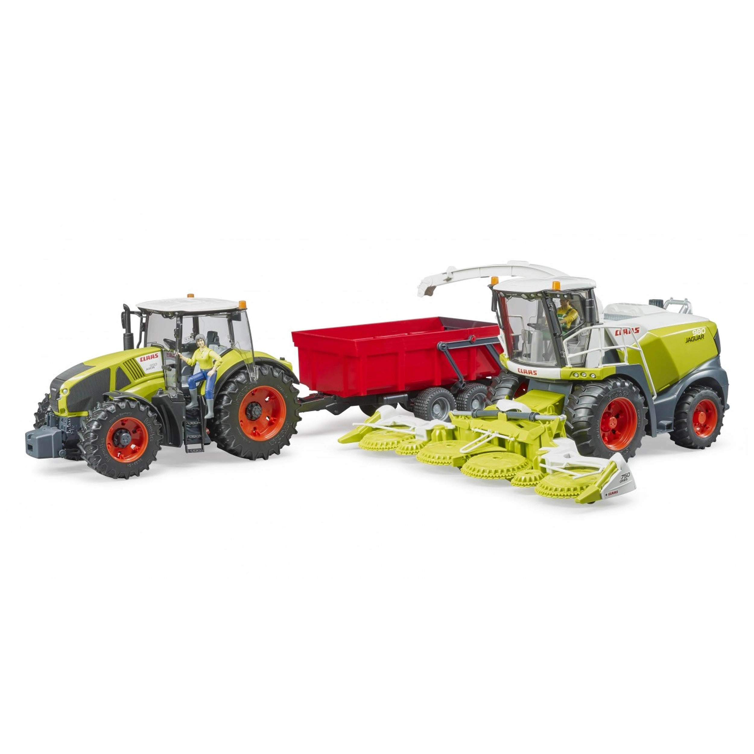 Claas Jaguar 980 field chopper toy with corn header and red trailer, 1:16 scale model, highlights agricultural machinery.