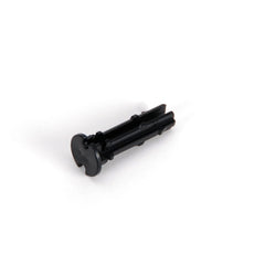 Black connection bolt for Bruder John Deere Forwarder toy, showing cylindrical shape and grooves on a white background.