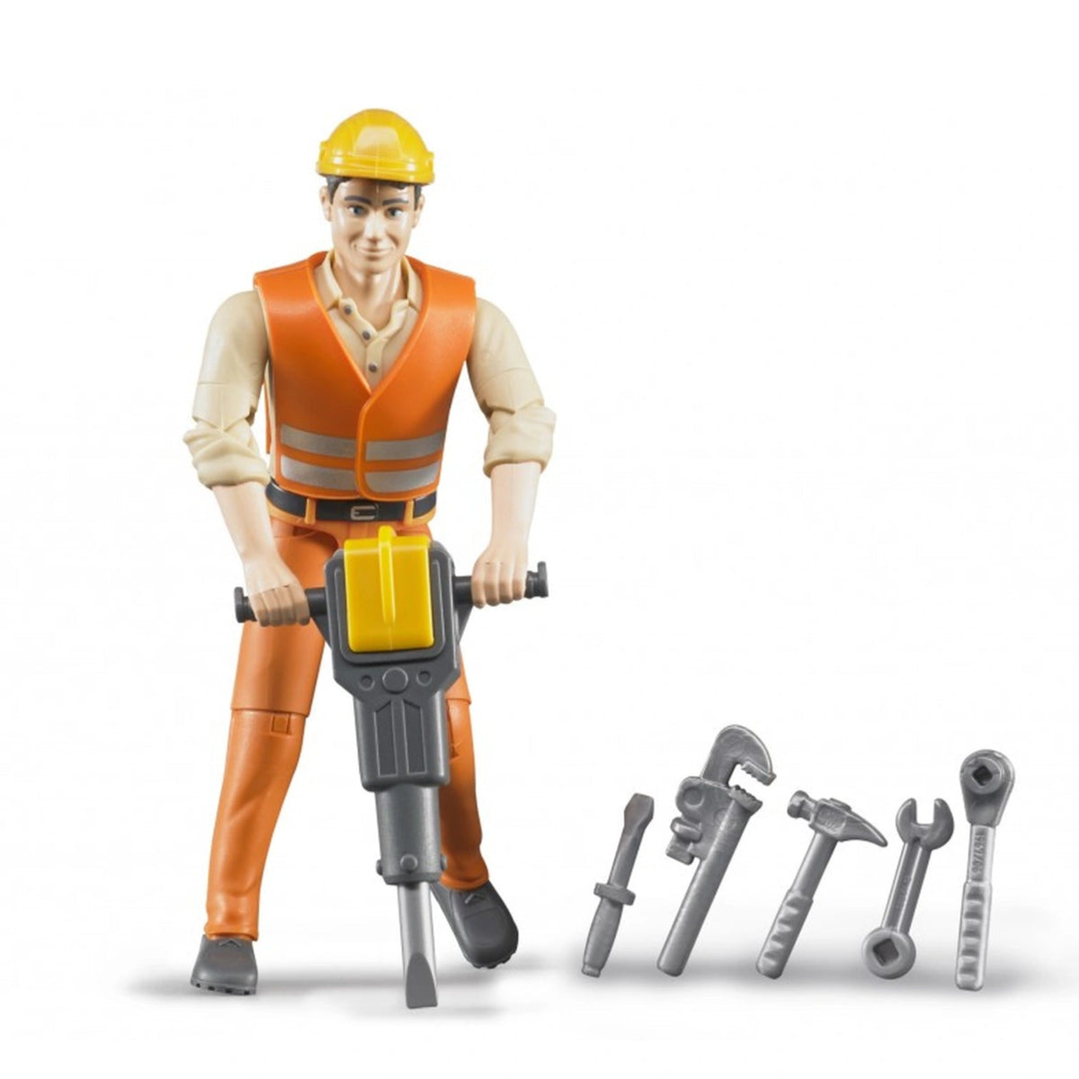 Bruder construction worker wearing an orange vest and yellow helmet holds a jackhammer, with various tools beside him.