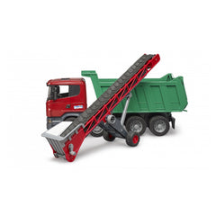 Red and black toy conveyor belt with a green truck, designed for transporting materials, made by Bruder.