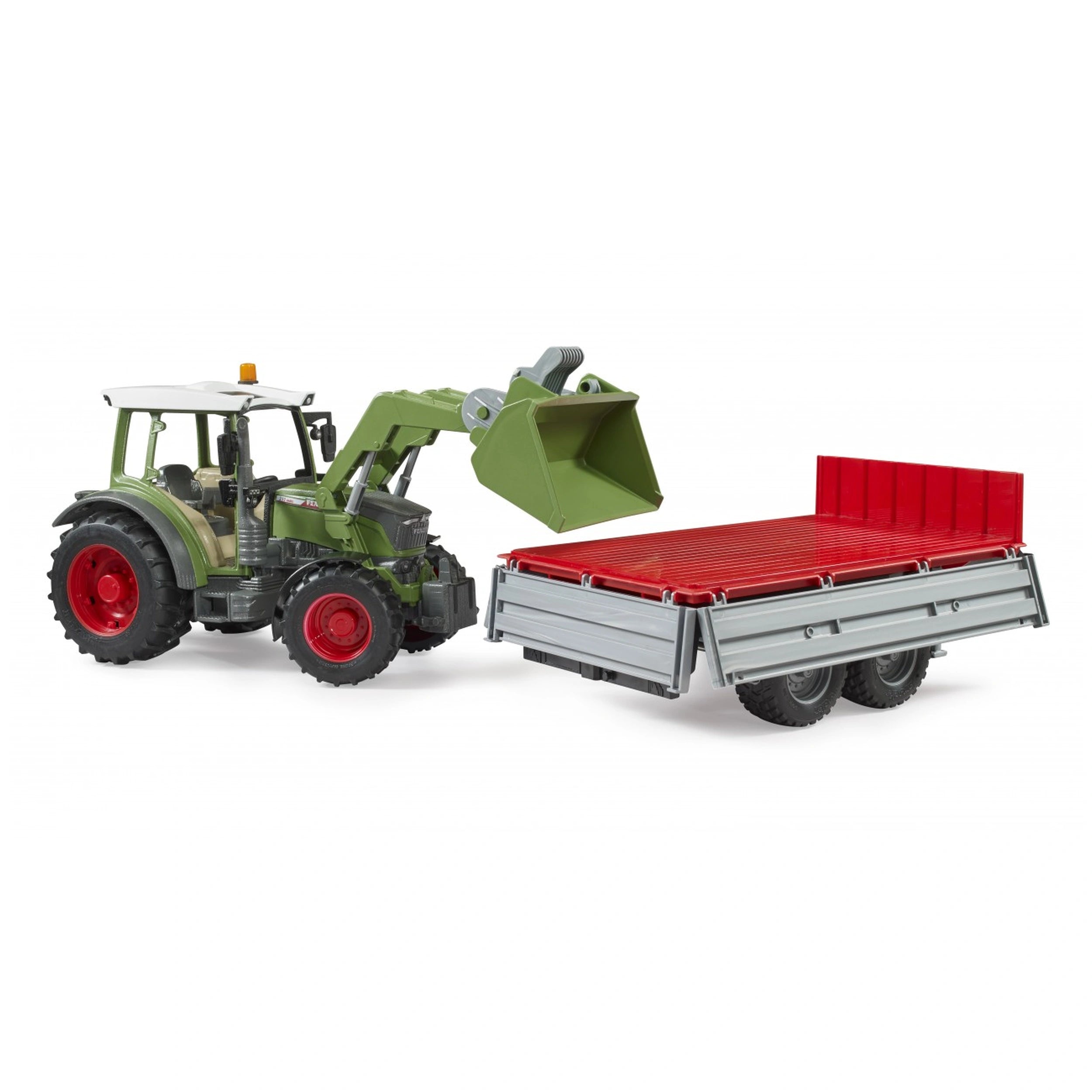 Green toy tractor with frontloader attached to a red and gray tipping trailer, showcasing realistic farm vehicle design.