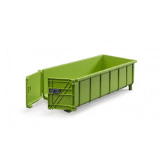 Green toy hook lift trailer with open double doors, designed for realistic farming play.